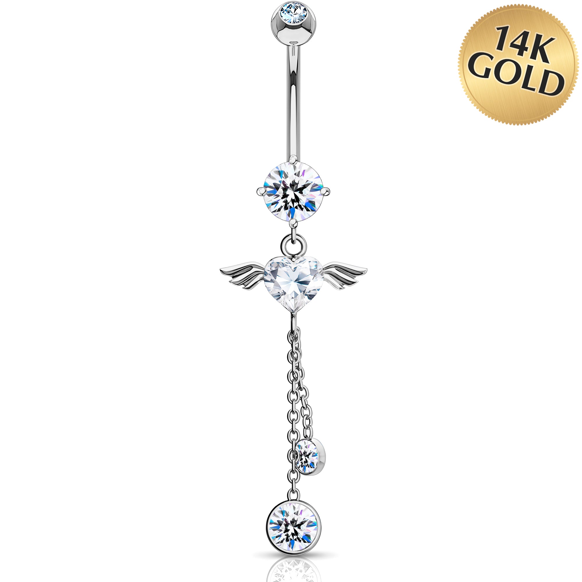 Solid 14k White Gold Angel Heart Cubic Zirconia Dangle Belly Ring