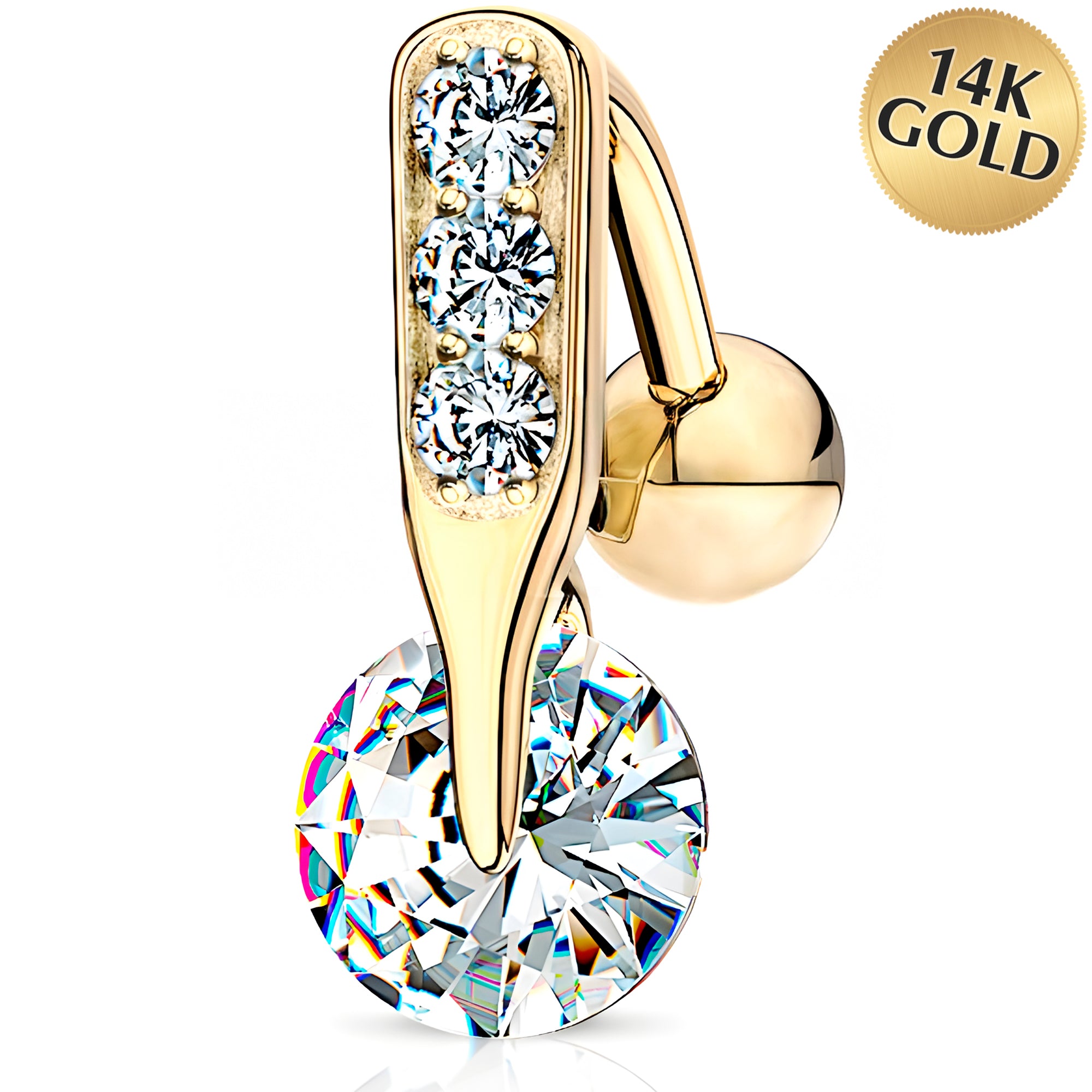 Solid 14k Yellow Gold Top Mount Triple CZ Bar Dazzling Drop Belly Ring