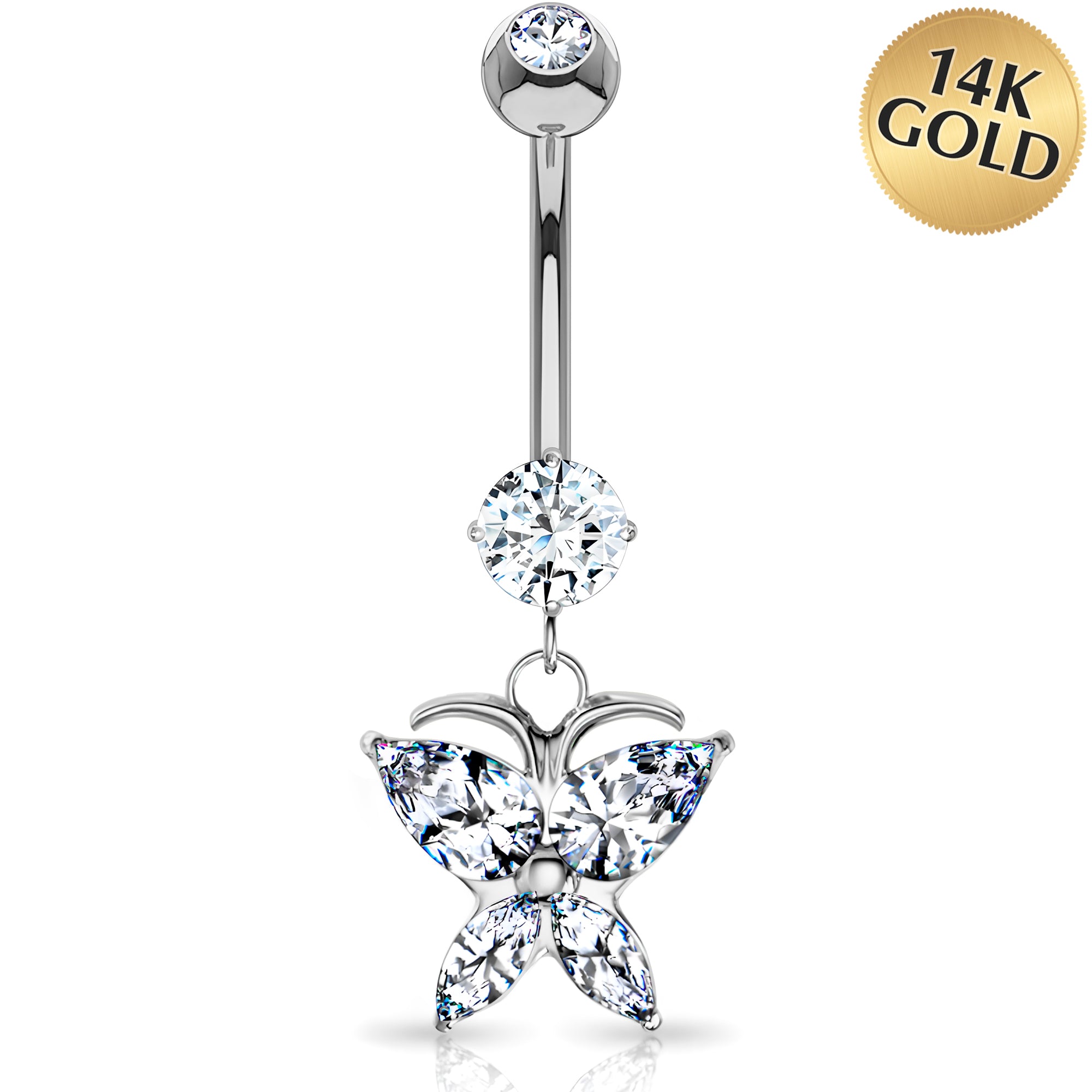 Solid 14k Gold Marquise Butterfly Cubic Zirconia Dangle Belly Ring