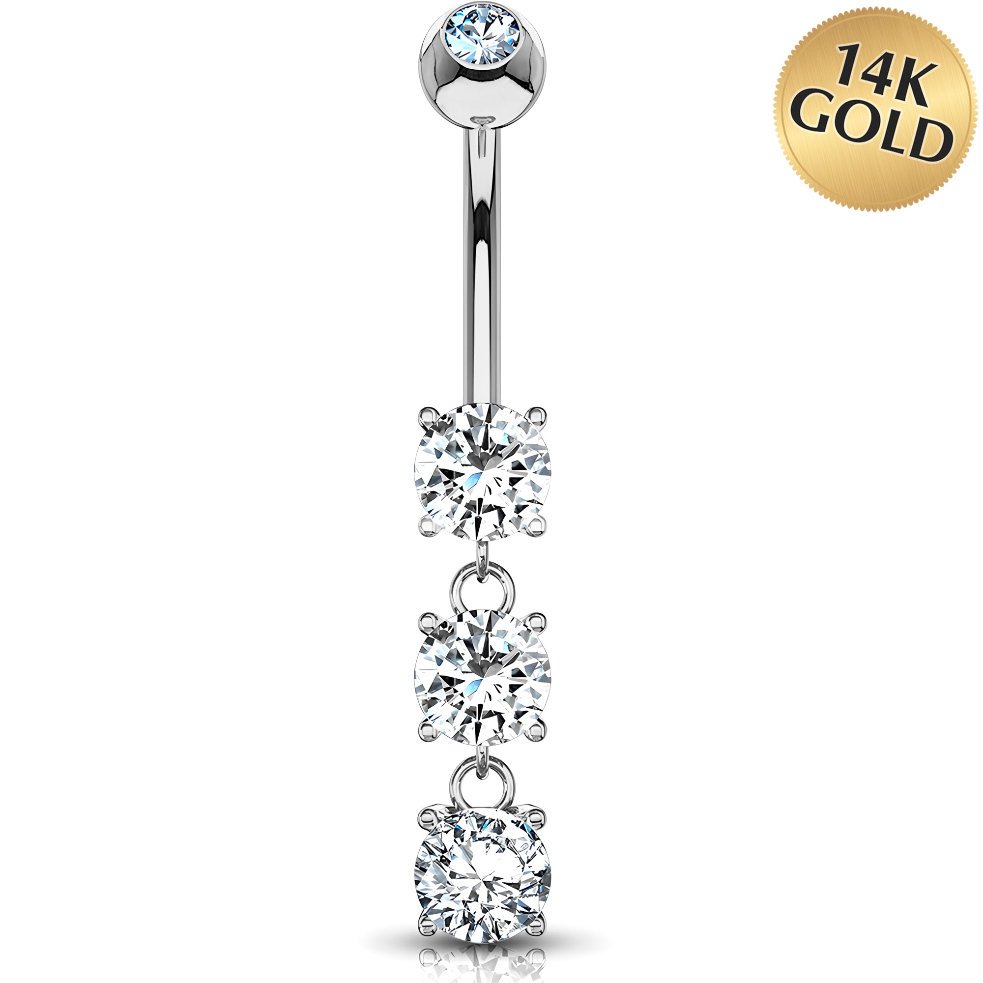 Solid 14k Gold Triple Round Cubic Zirconia Dangle Belly Ring