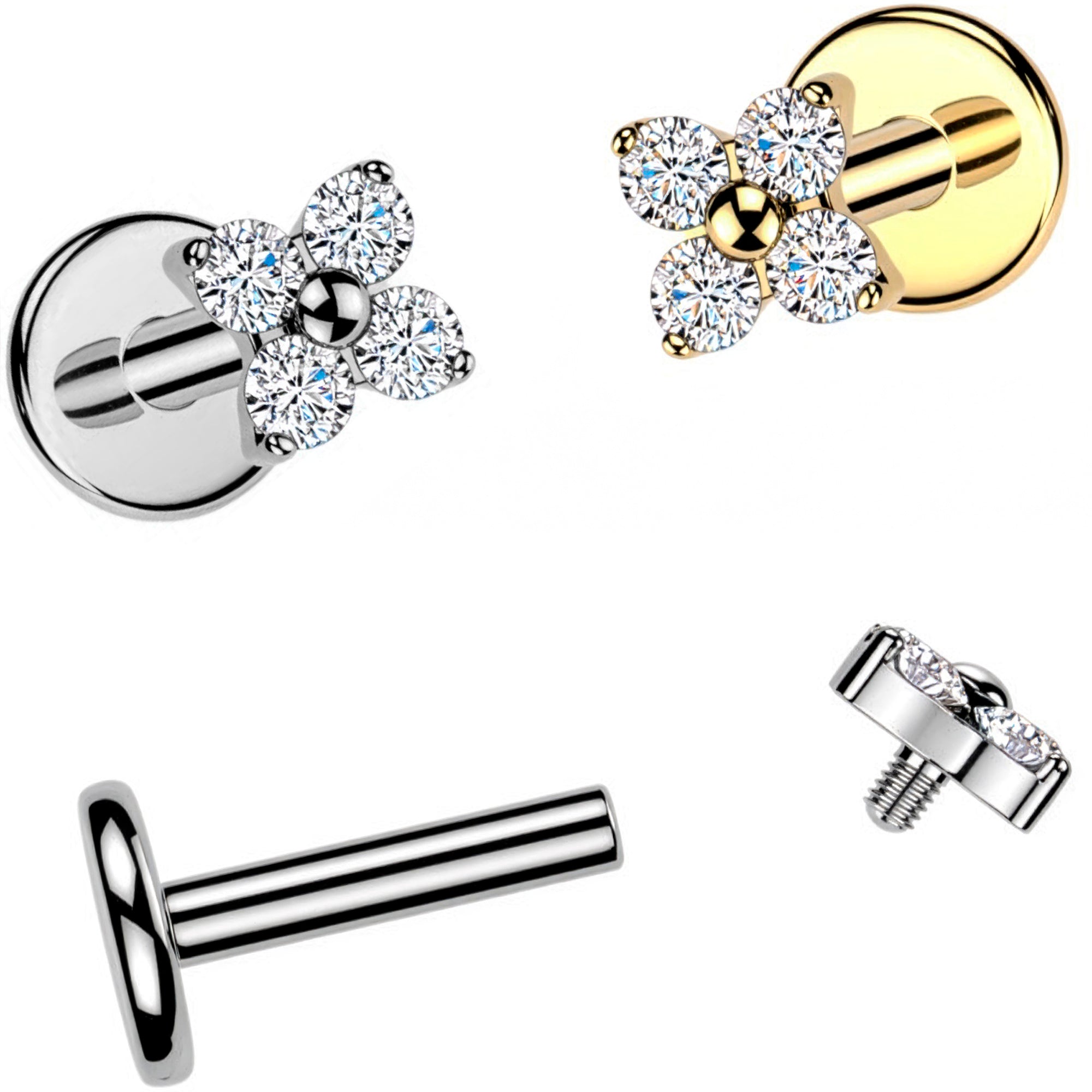 16G Implant Grade Titanium Internally Threaded 4-Petal CZ Flower Flat Back Earring