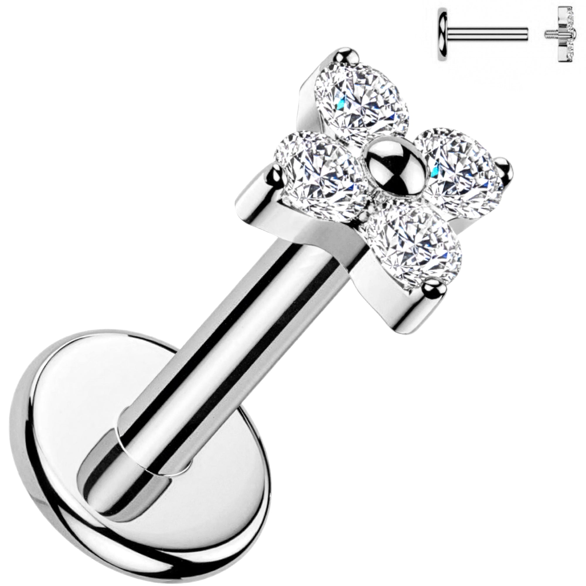 16G Implant Grade Titanium Internally Threaded 4-Petal CZ Flower Flat Back Earring