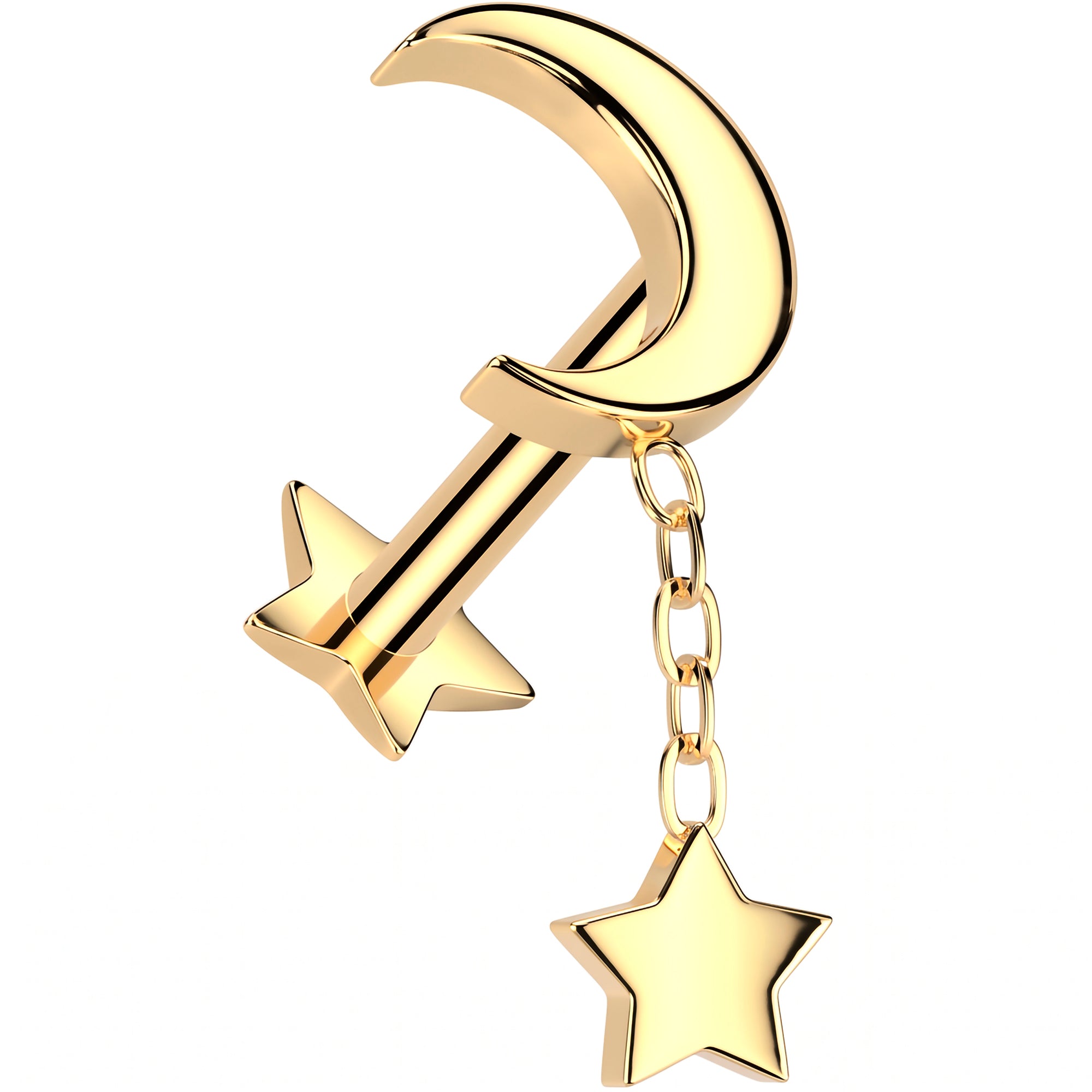 18G Implant Grade Titanium Reversible Threadless Push In Crescent Moon Star Dangle Flat Back Earring