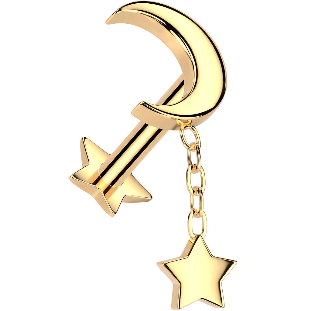 18G Implant Grade Titanium Reversible Threadless Push In Crescent Moon Star Dangle Flat Back Earring