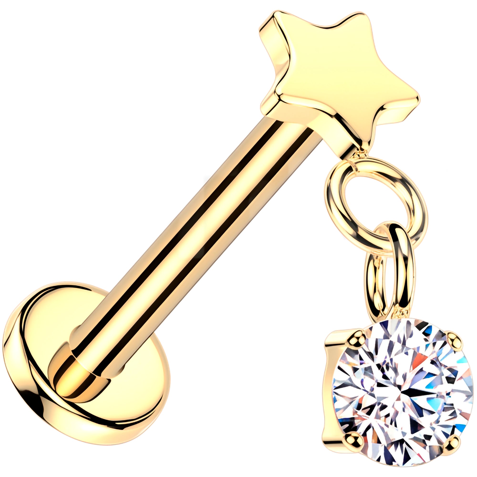 18G Implant Grade Titanium Threadless Push In Star CZ Solitaire Dangle Flat Back Earring