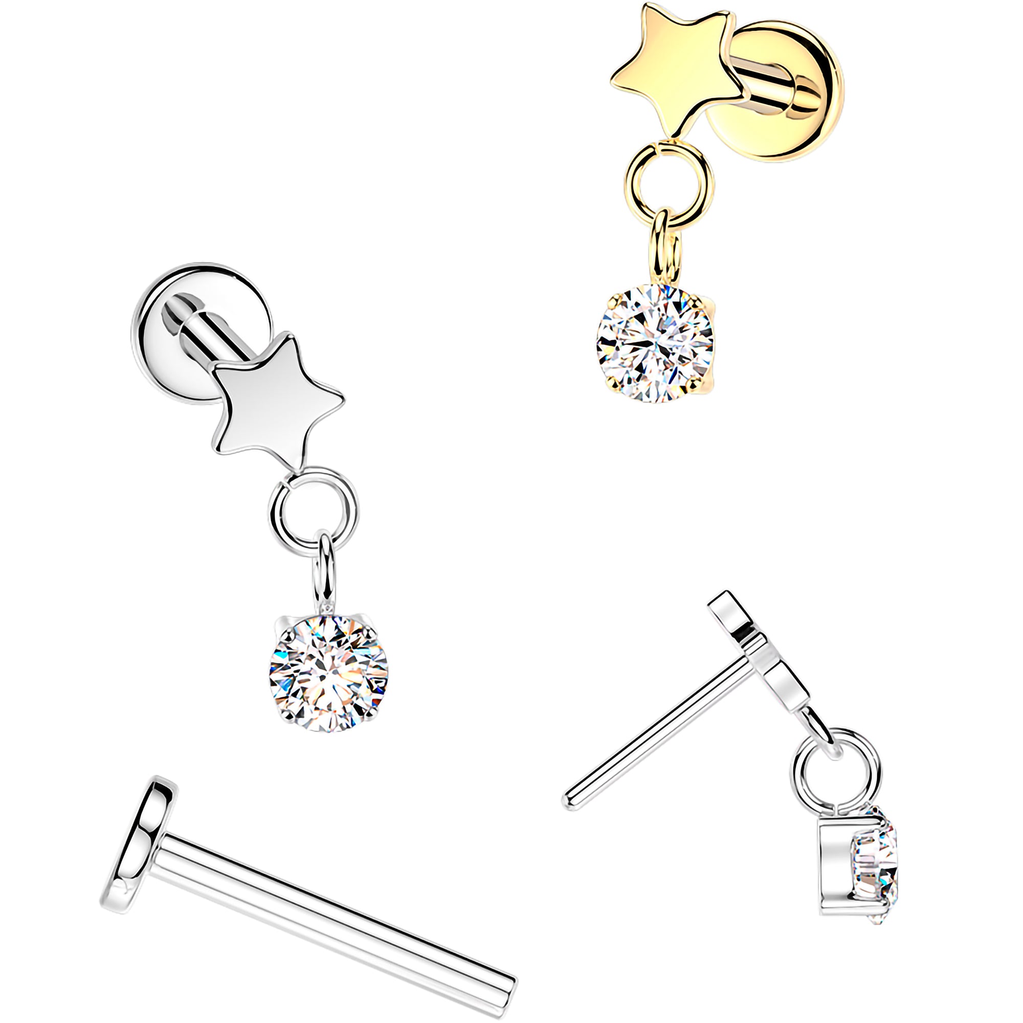 18G Implant Grade Titanium Threadless Push In Star CZ Solitaire Dangle Flat Back Earring