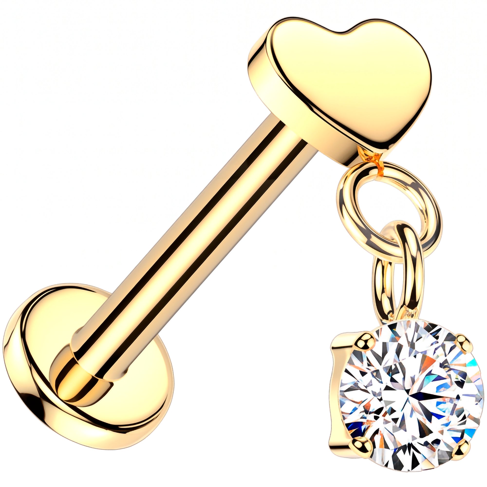 18G Implant Grade Titanium Threadless Push In Heart CZ Solitaire Dangle Flat Back Earring