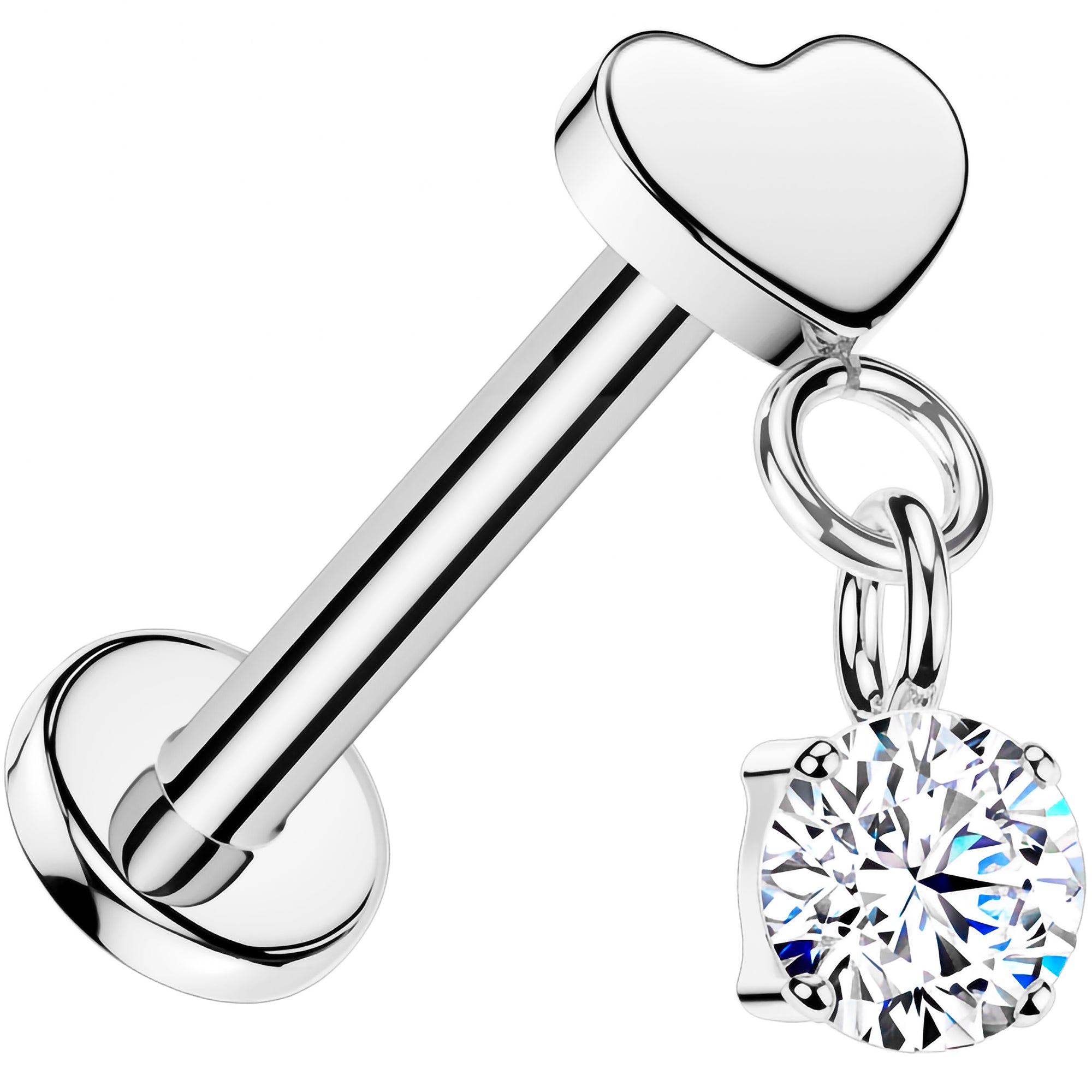 18G Implant Grade Titanium Threadless Push In Heart CZ Solitaire Dangle Flat Back Earring