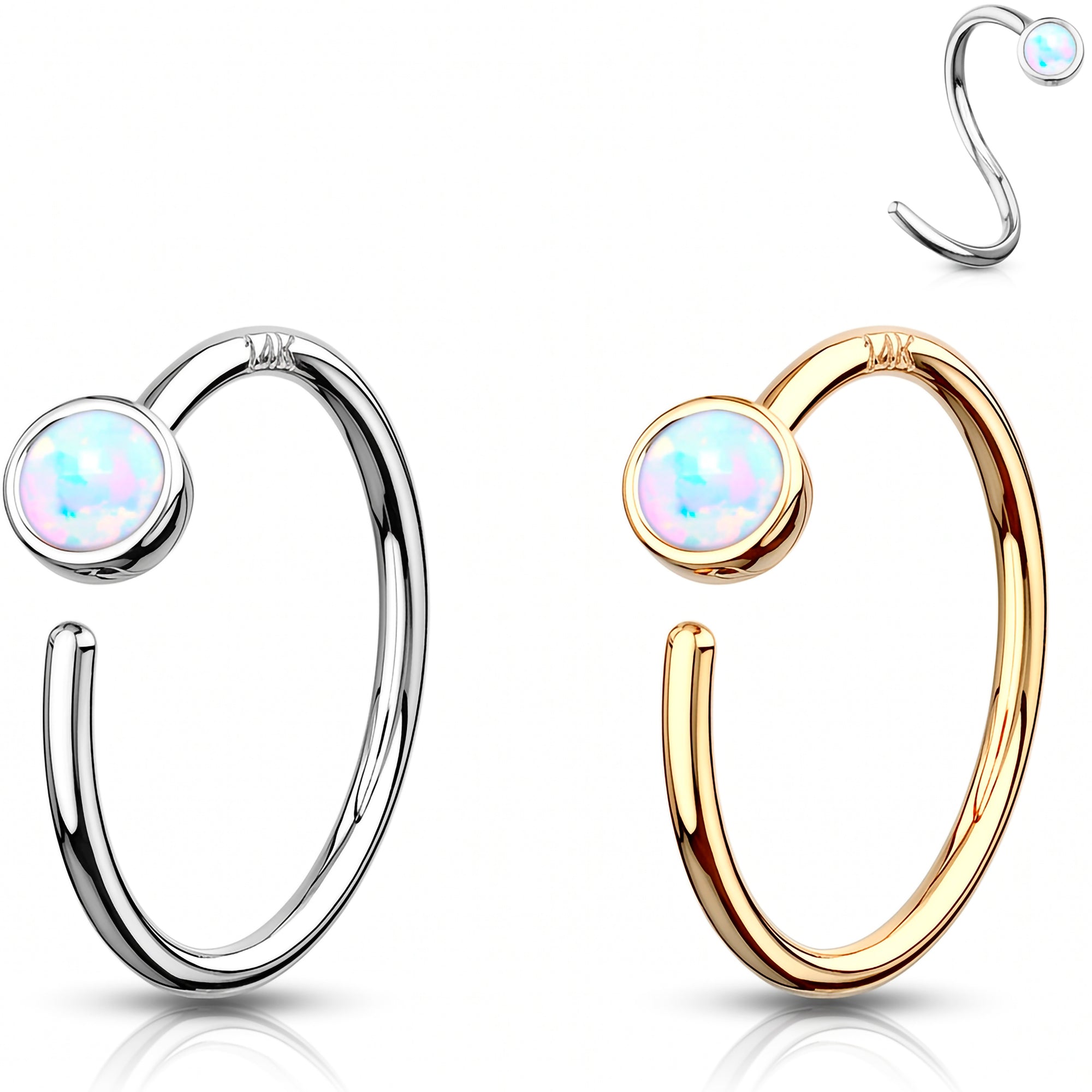 14k Solid Gold Bendable Nose Hoop 20G 5/16 with Bezel Synthetic Opal