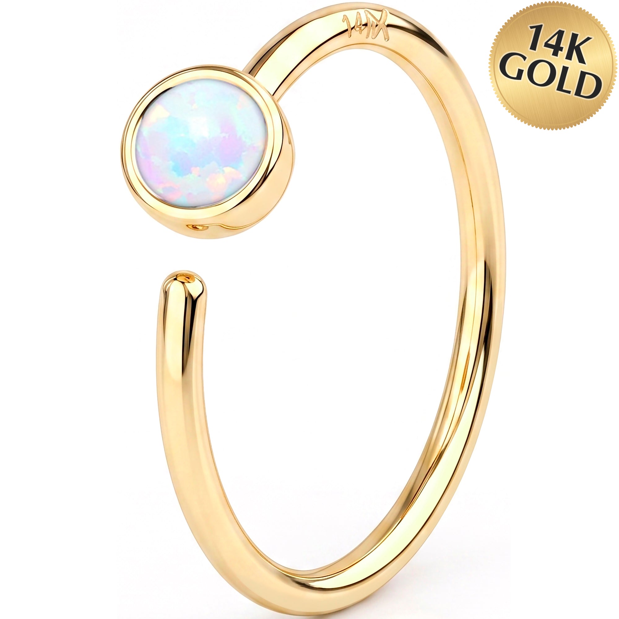 14k Solid Gold Bendable Nose Hoop 20G 5/16 with Bezel Synthetic Opal