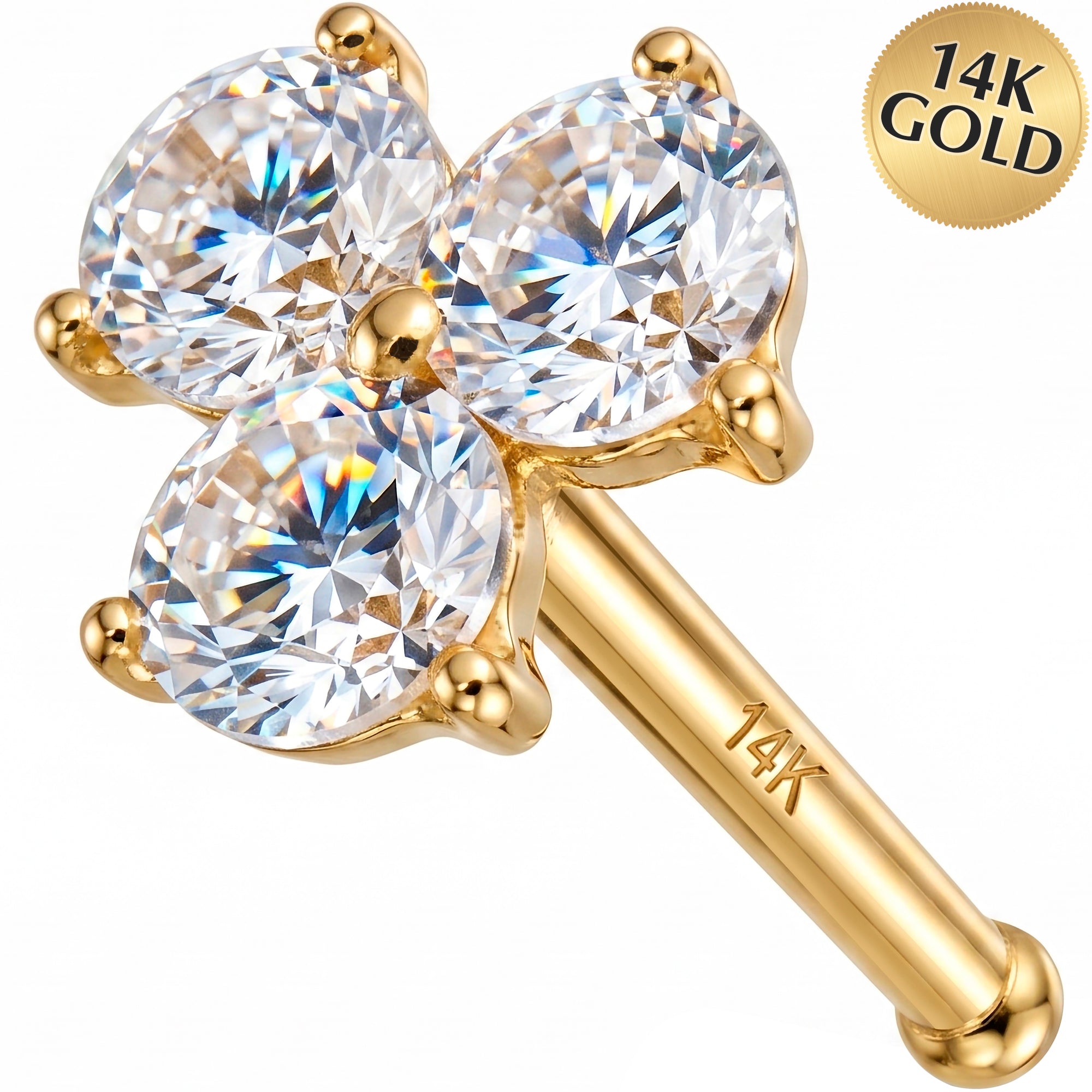 20G 14k Solid Gold CZ Trio Nose Bone