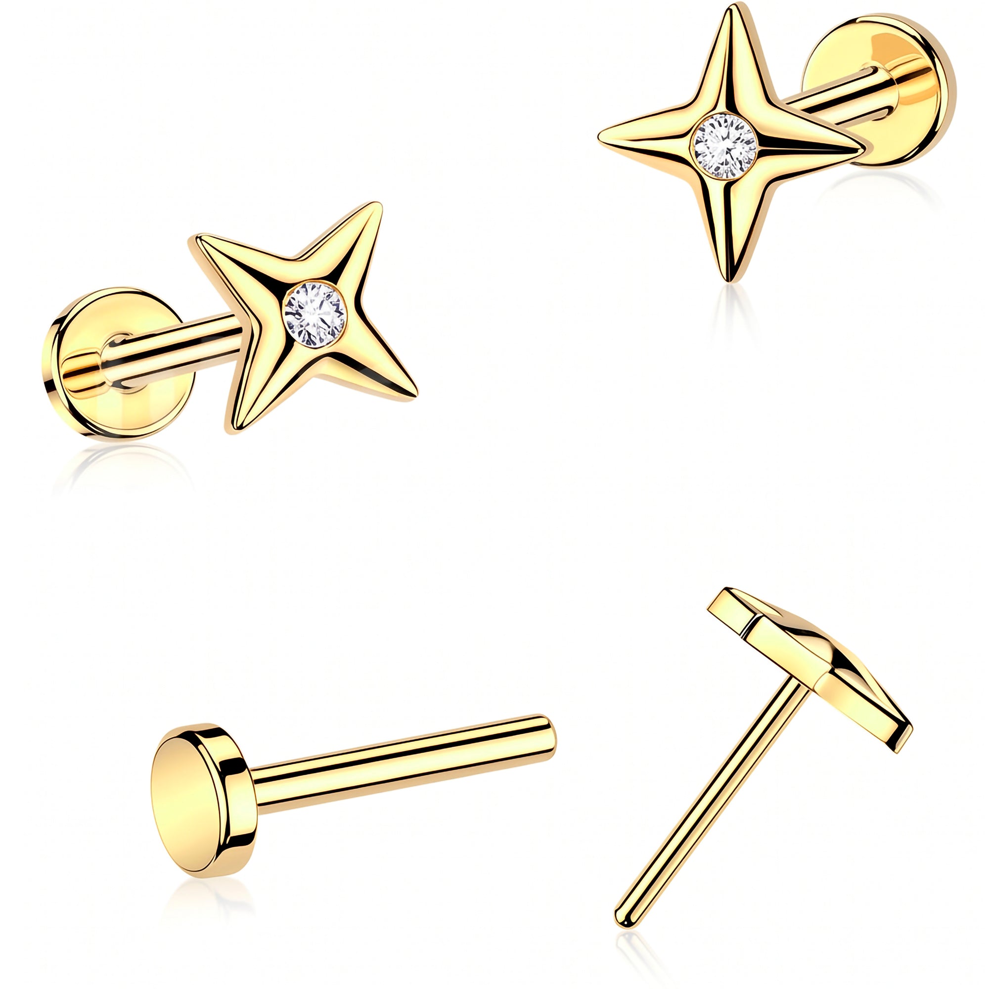 20G 14k Yellow Gold Lab Grown Diamond Bar Threadless Push In Flat Back Earring
