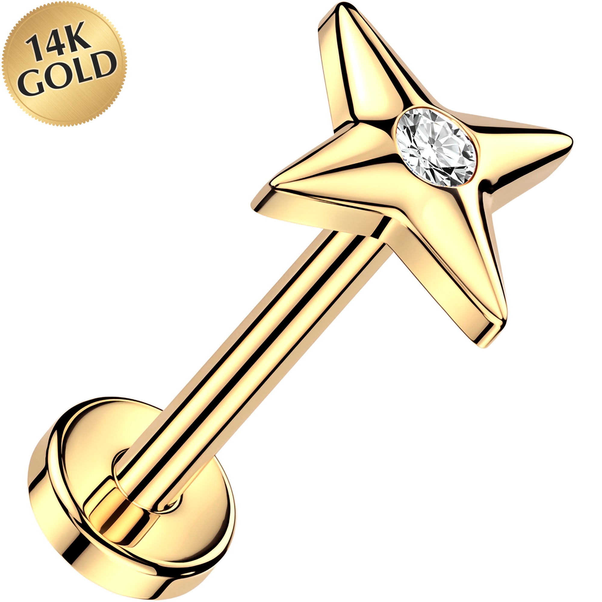 20G 14k Yellow Gold Lab Grown Diamond Bar Threadless Push In Flat Back Earring