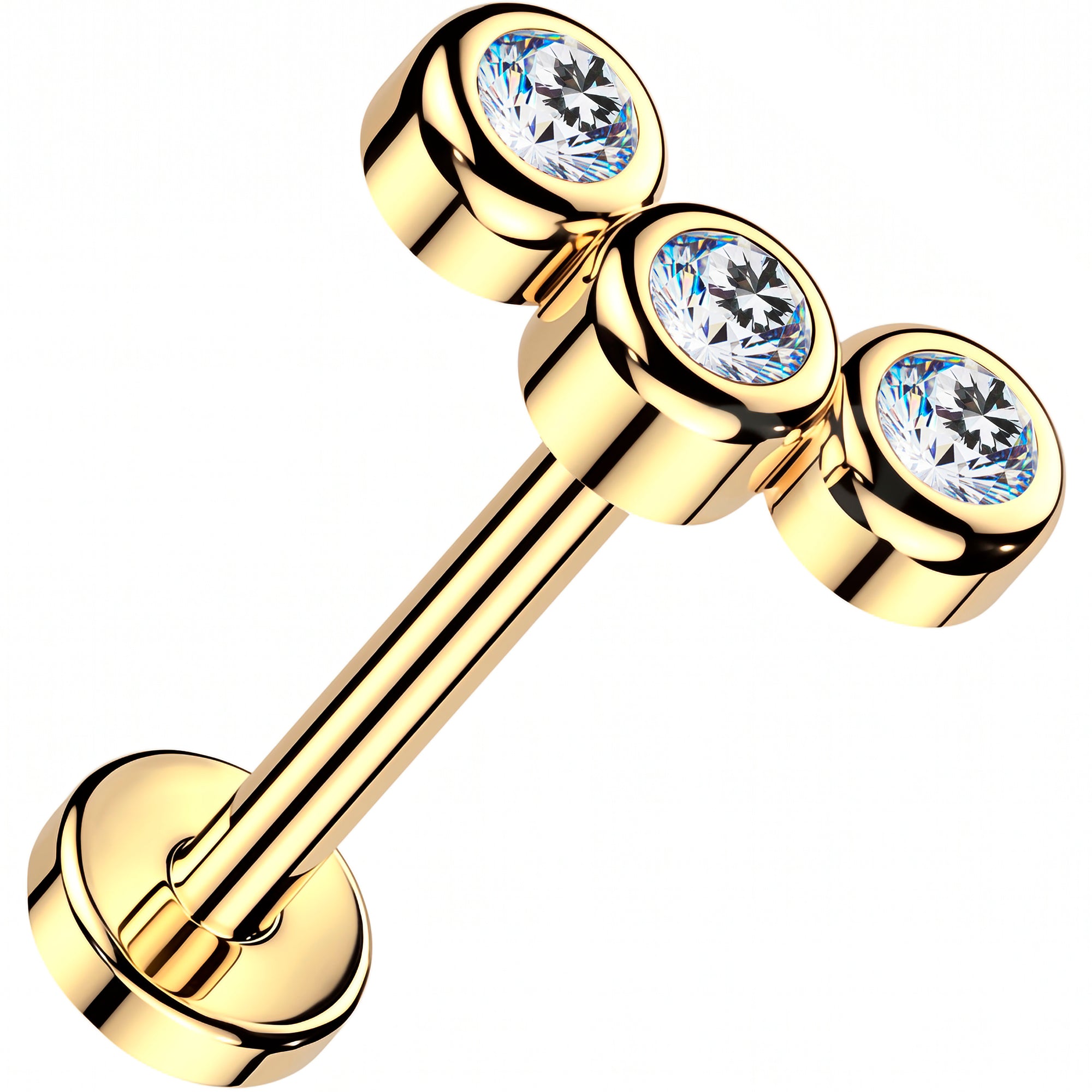 20G 14k Yellow Gold Curve Trio Lab Grown Diamond Curved Threadless Push In Flat Back Earring