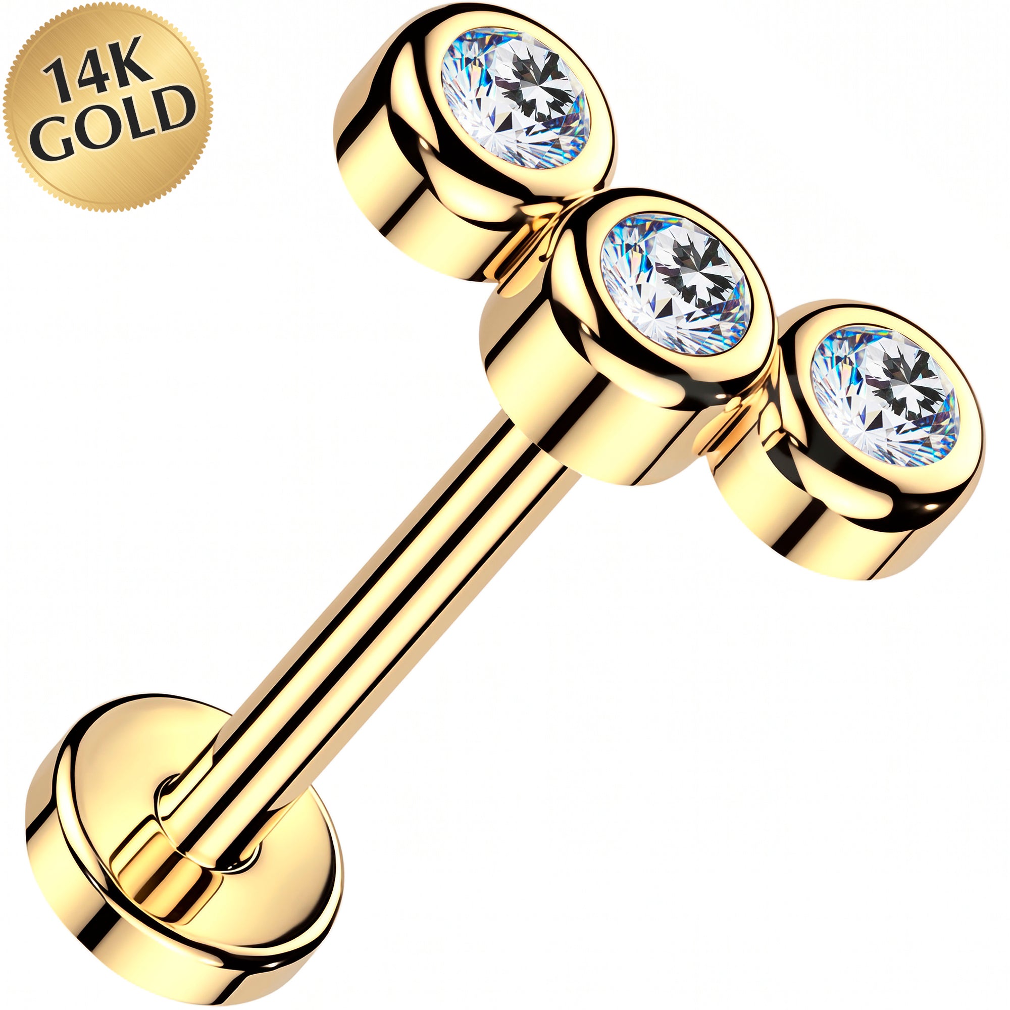 20G 14k Yellow Gold Curve Trio Lab Grown Diamond Curved Threadless Push In Flat Back Earring