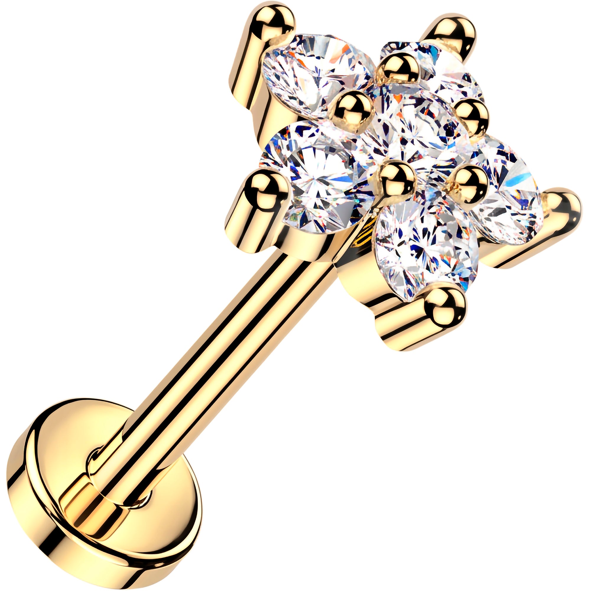 20G 14k Yellow Gold Flower Lab Grown Diamond Threadless Push In Flat Back Earring