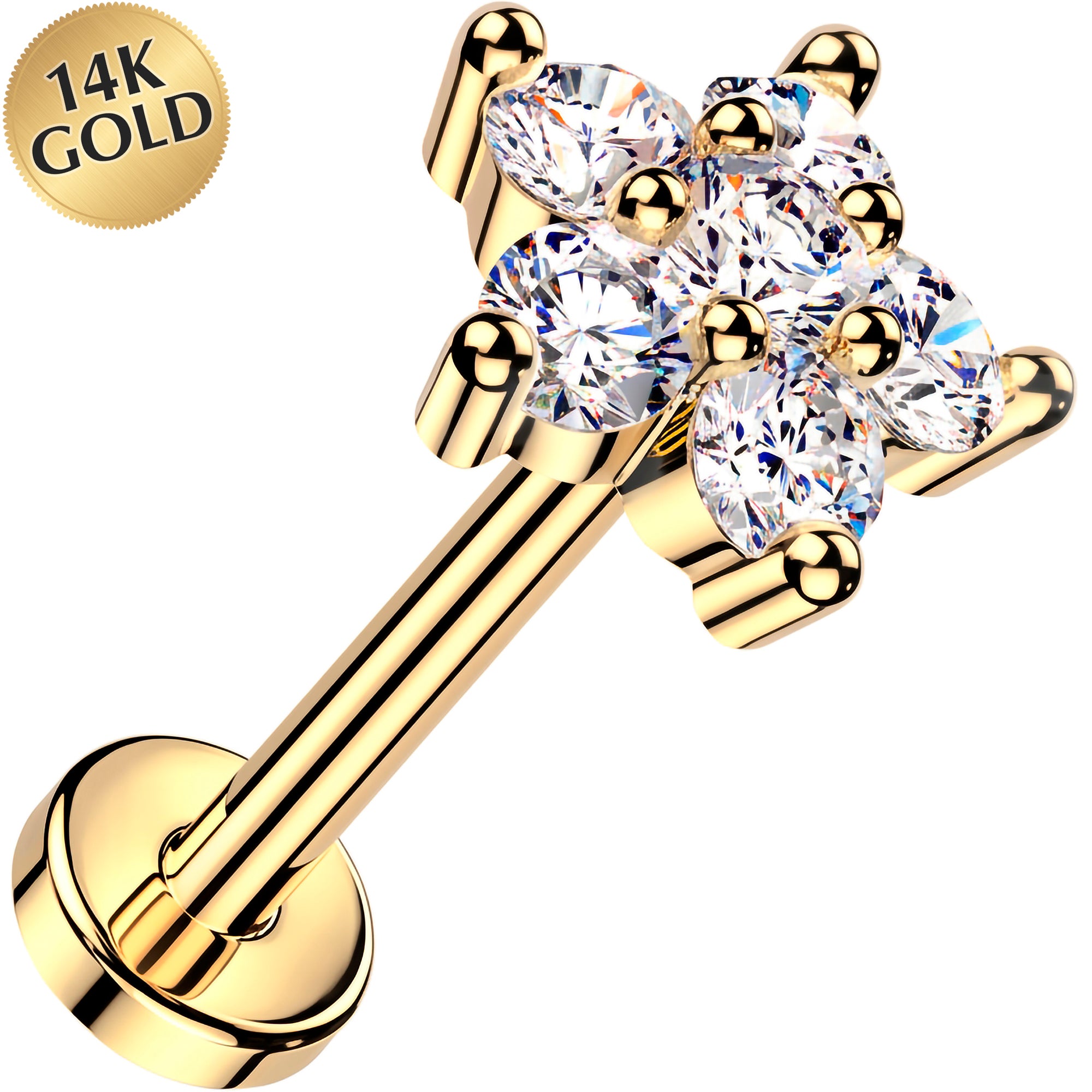 20G 14k Yellow Gold Flower Lab Grown Diamond Threadless Push In Flat Back Earring