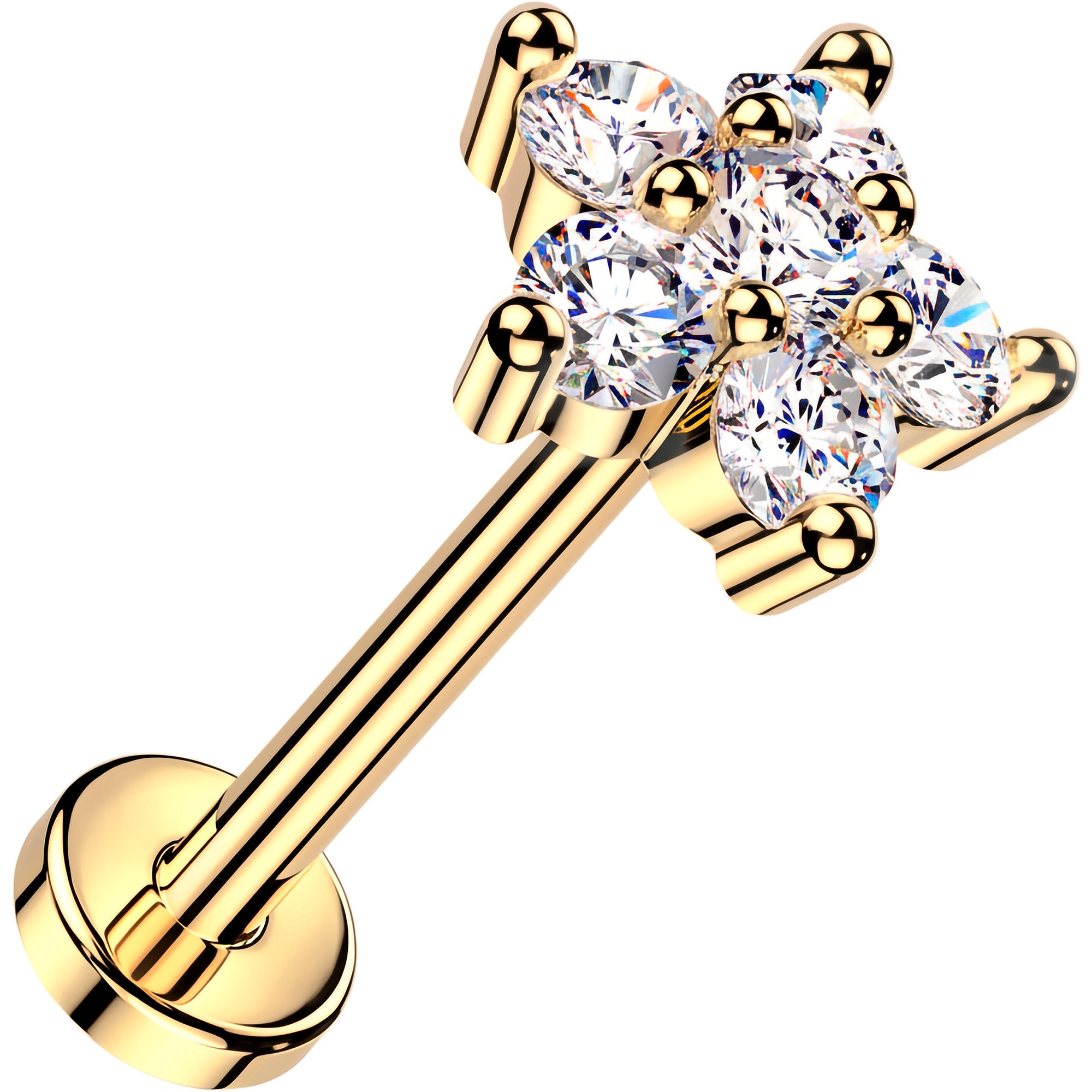 20G 14k Yellow Gold Flower Lab Grown Diamond Threadless Push In Flat Back Earring