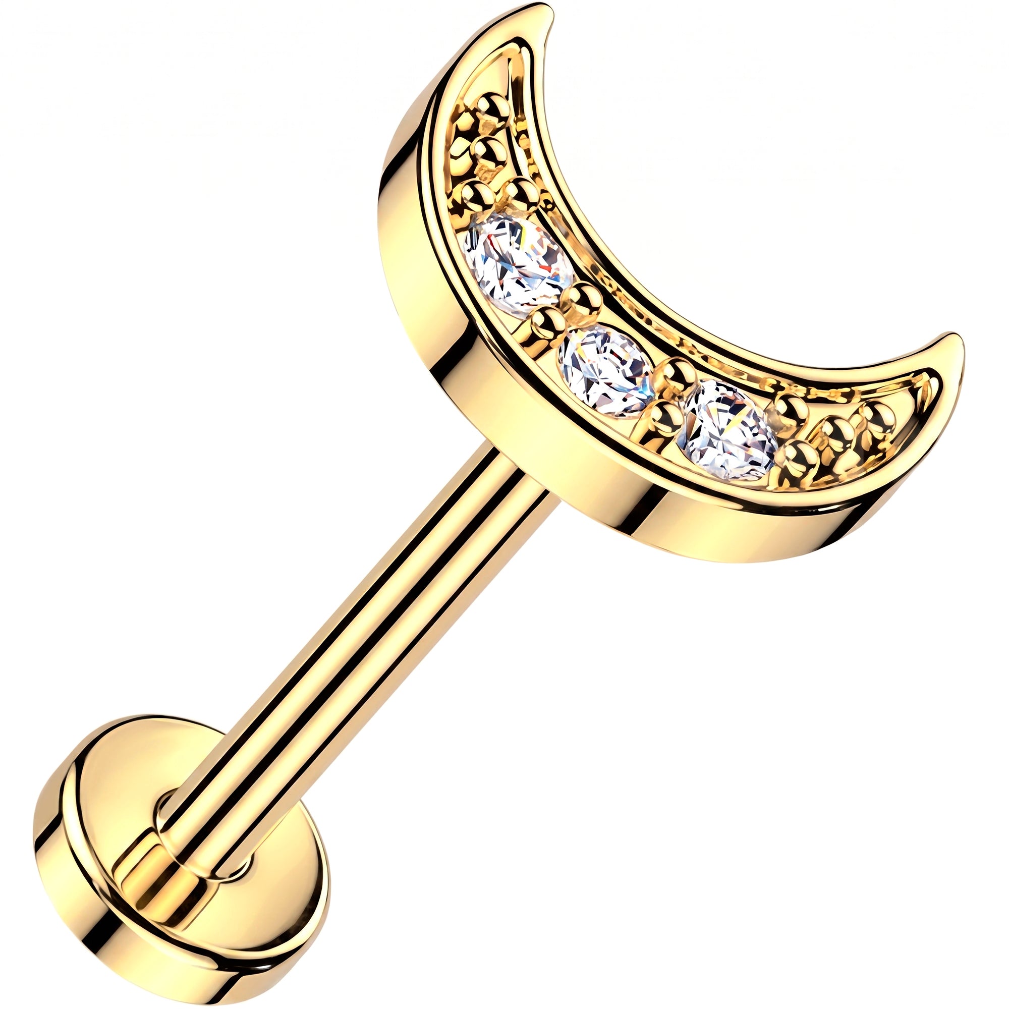 20G 14k Yellow Gold Crescent Moon Lab Grown Diamond Threadless Push In Flat Back Earring