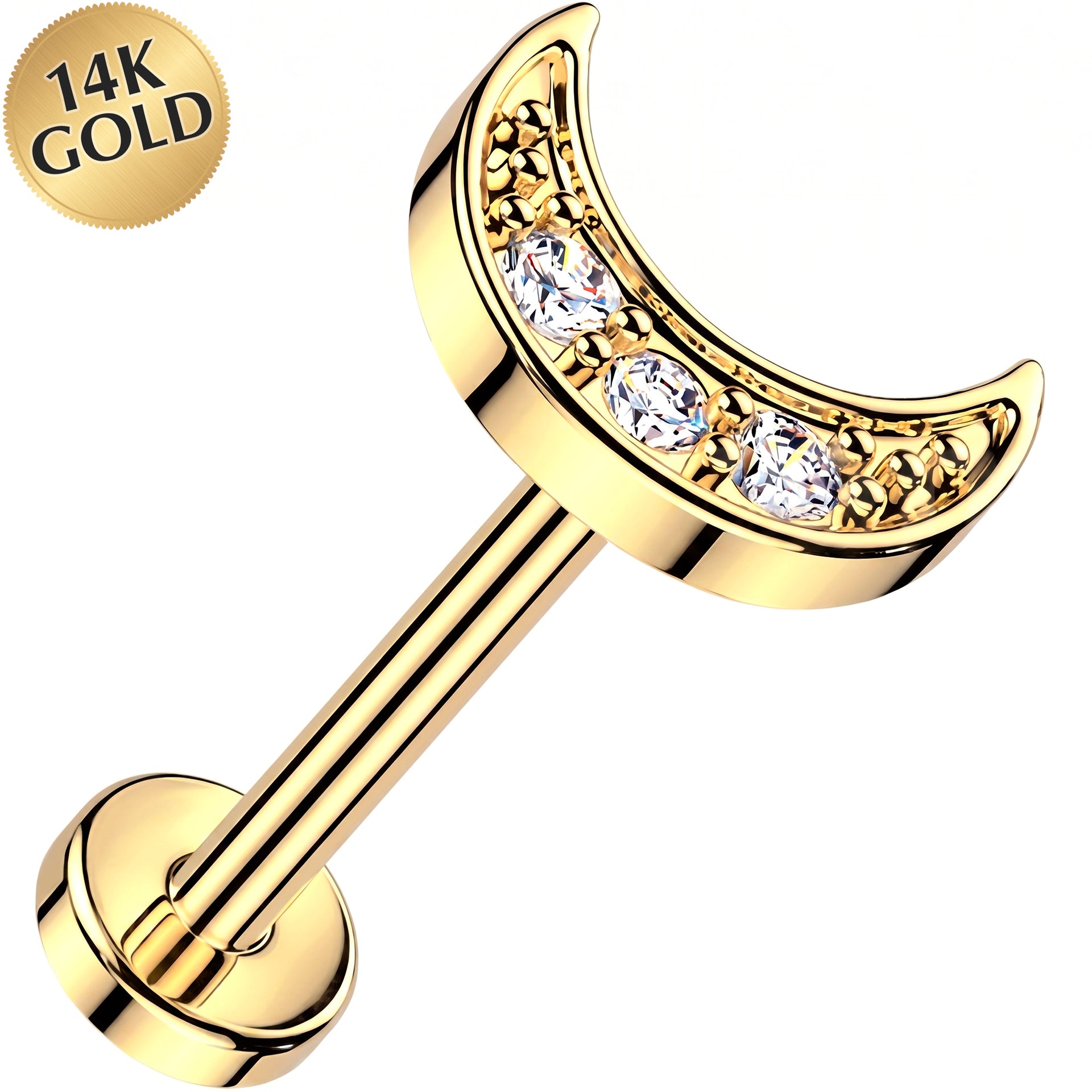 20G 14k Yellow Gold Crescent Moon Lab Grown Diamond Threadless Push In Flat Back Earring
