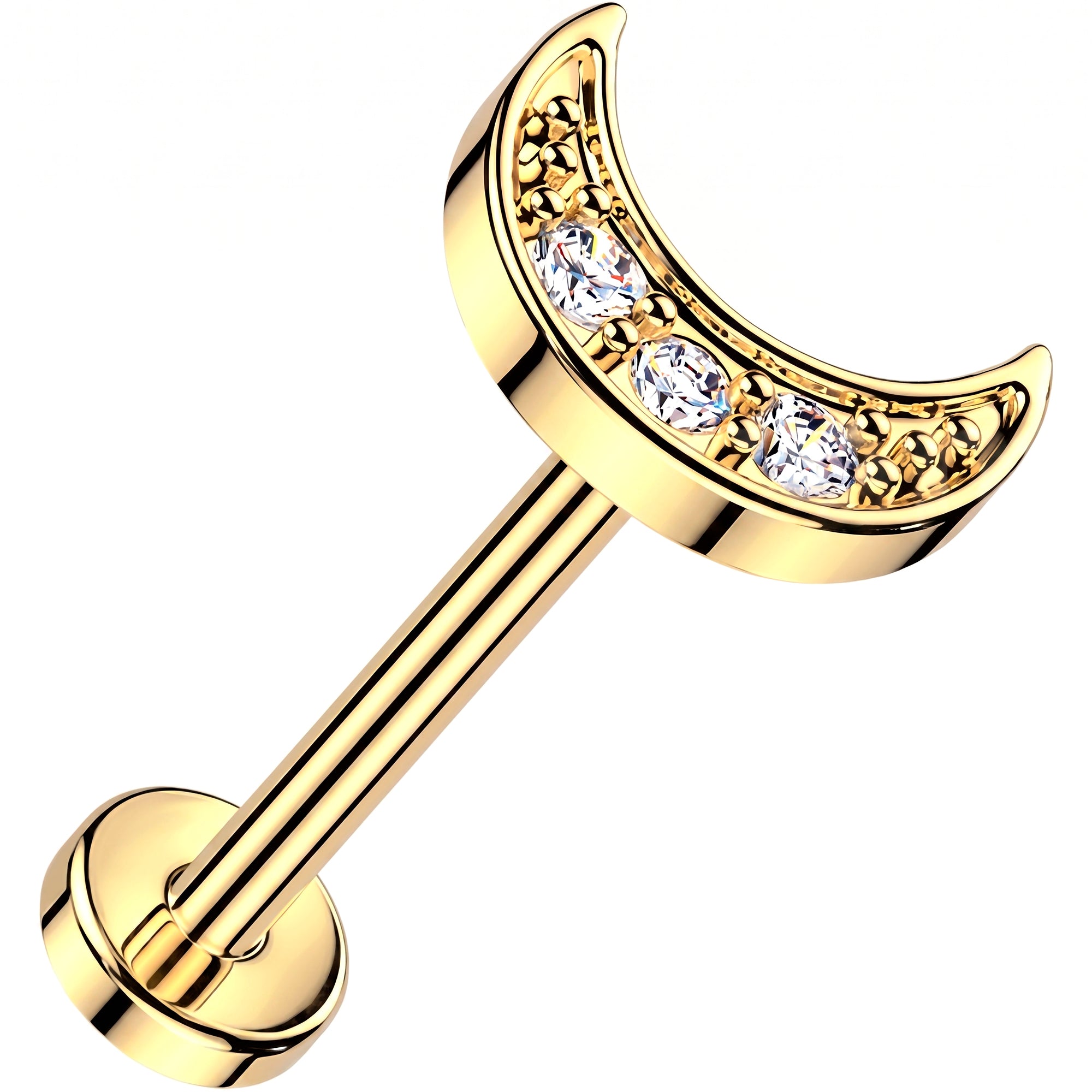20G 14k Yellow Gold Crescent Moon Lab Grown Diamond Threadless Push In Flat Back Earring