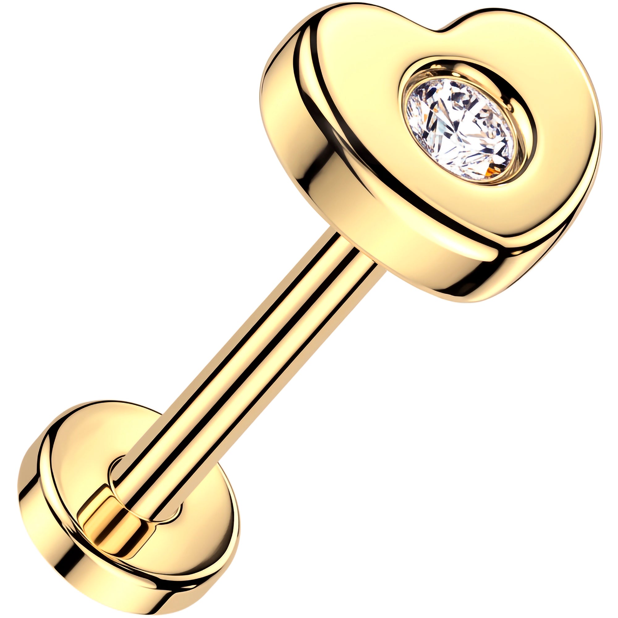 20G 14k Yellow Gold Heart Lab Grown Diamond Threadless Push In Flat Back Earring