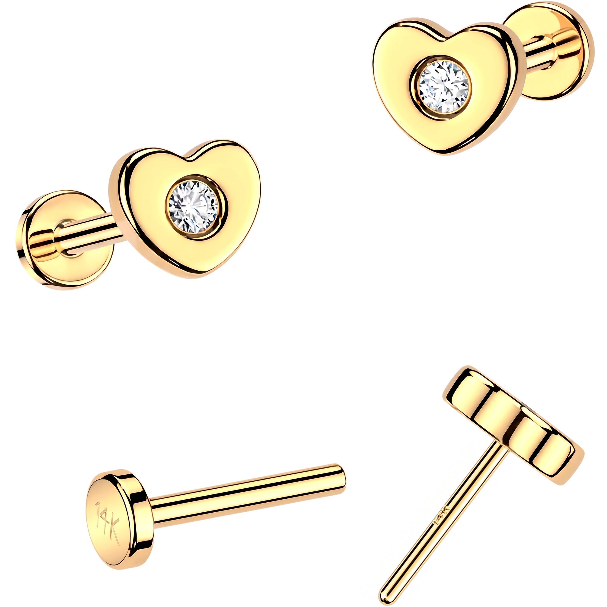 20G 14k Yellow Gold Heart Lab Grown Diamond Threadless Push In Flat Back Earring