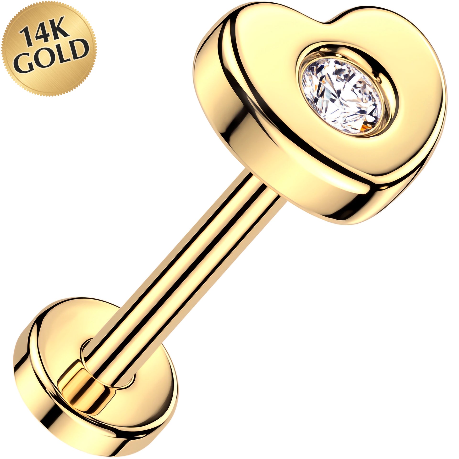 20G 14k Yellow Gold Heart Lab Grown Diamond Threadless Push In Flat Back Earring