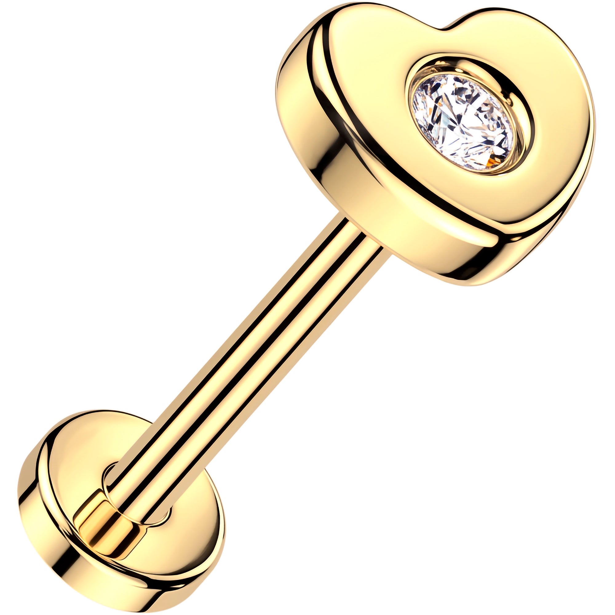 20G 14k Yellow Gold Heart Lab Grown Diamond Threadless Push In Flat Back Earring
