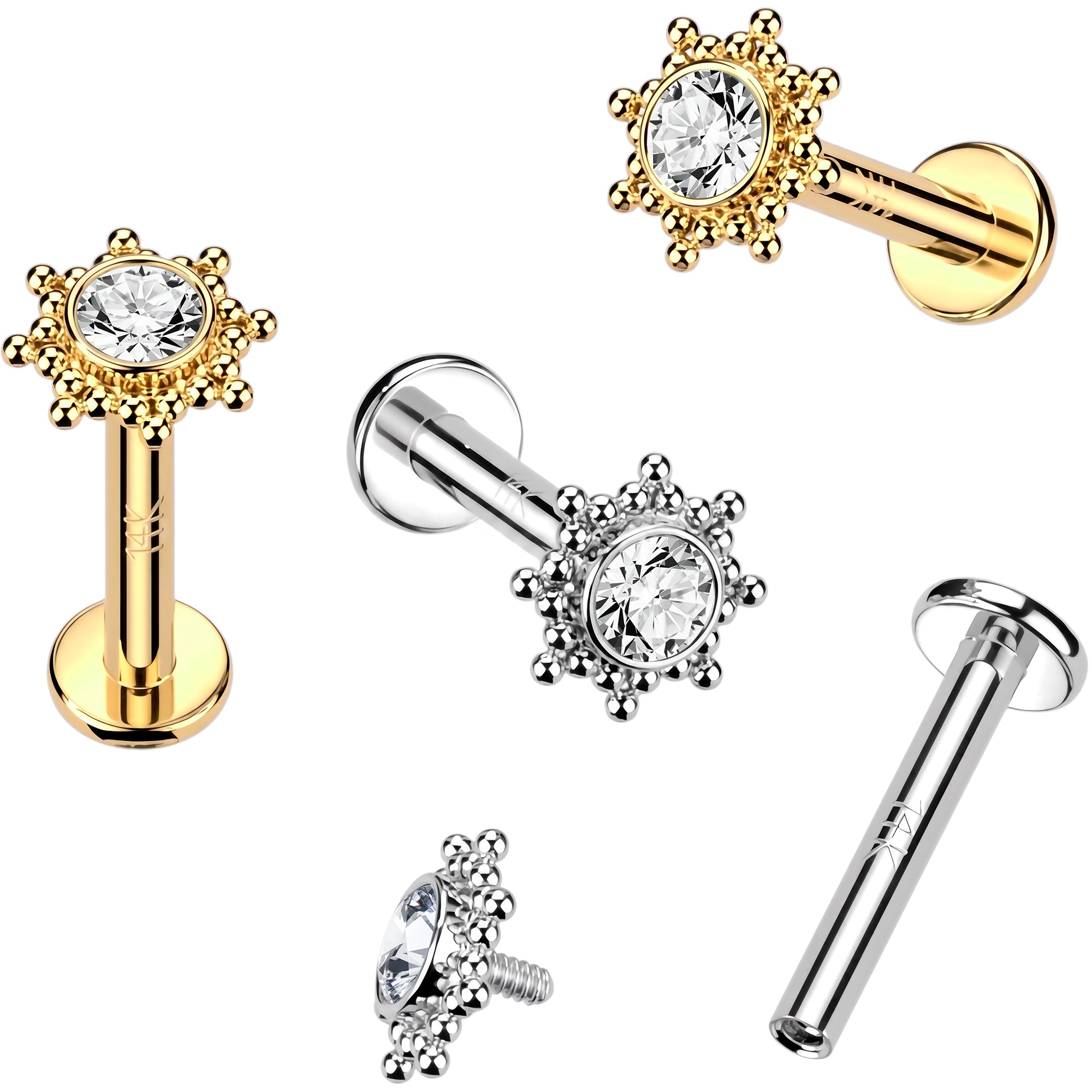 16G 1/4 14k Gold CZ Tribal Sun Threadless Push In Flat Back Earring