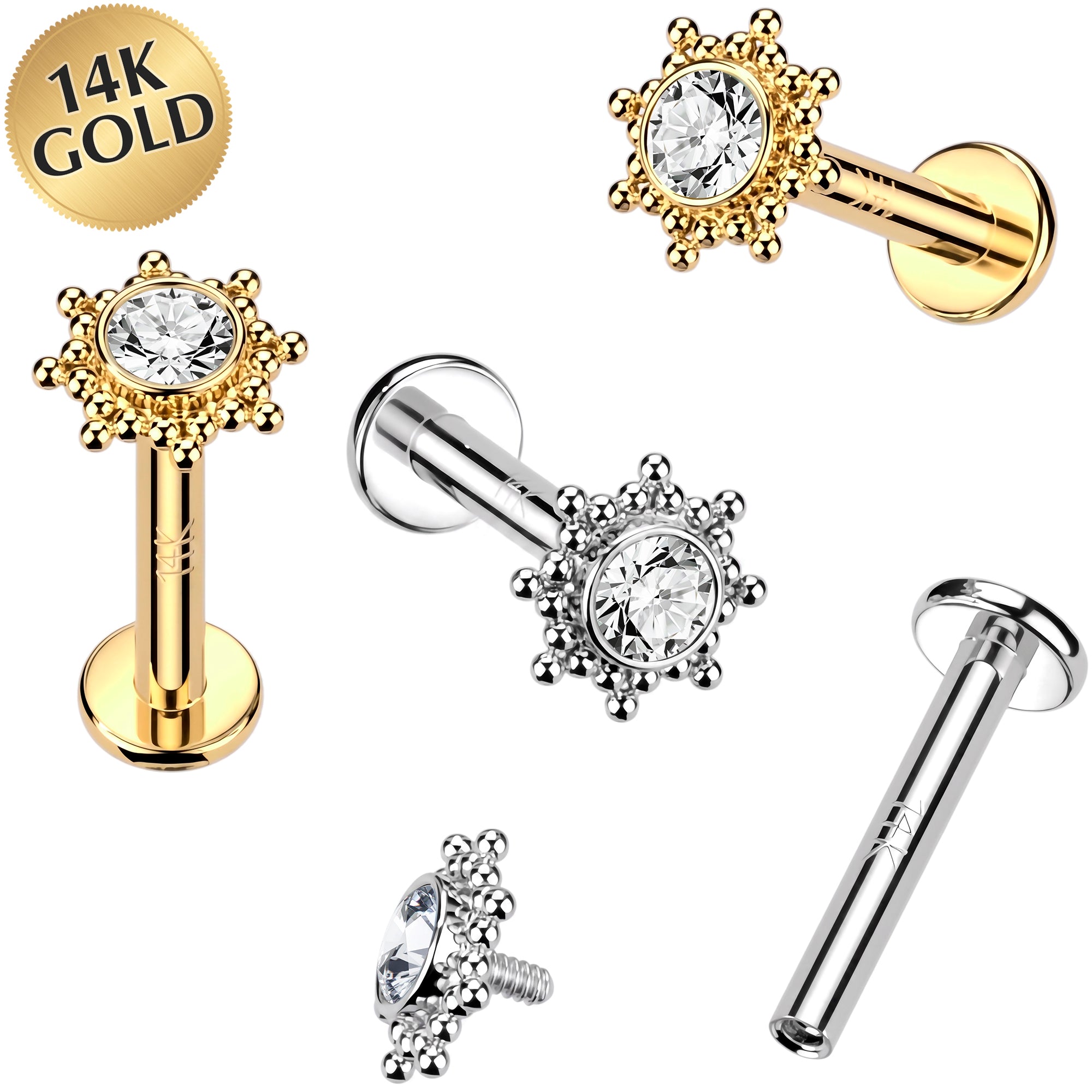 16G 1/4 14k Gold CZ Tribal Sun Threadless Push In Flat Back Earring