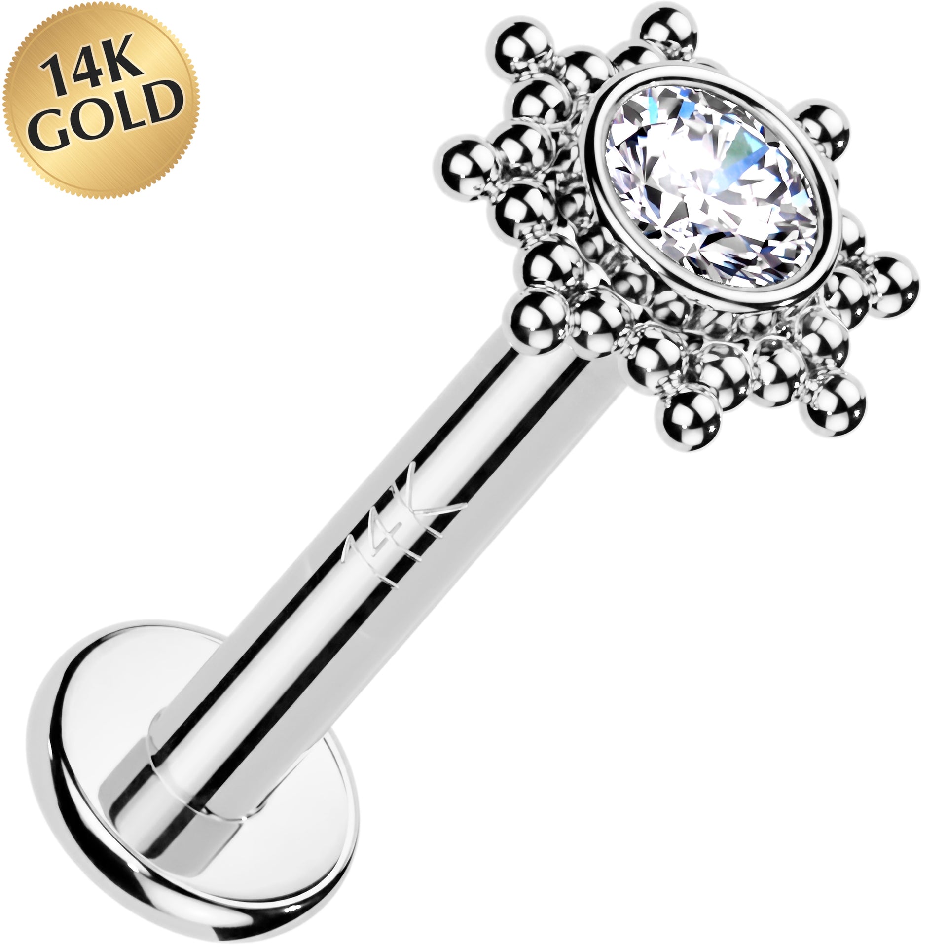 16G 1/4 14k Gold CZ Tribal Sun Threadless Push In Flat Back Earring