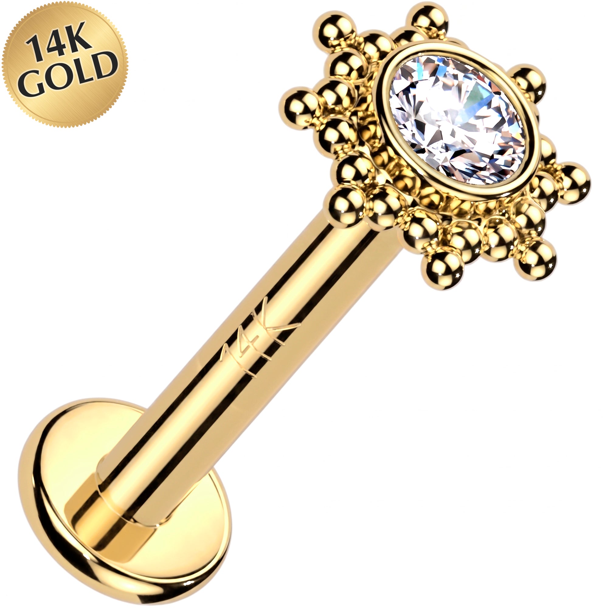 16G 1/4 14k Gold CZ Tribal Sun Threadless Push In Flat Back Earring