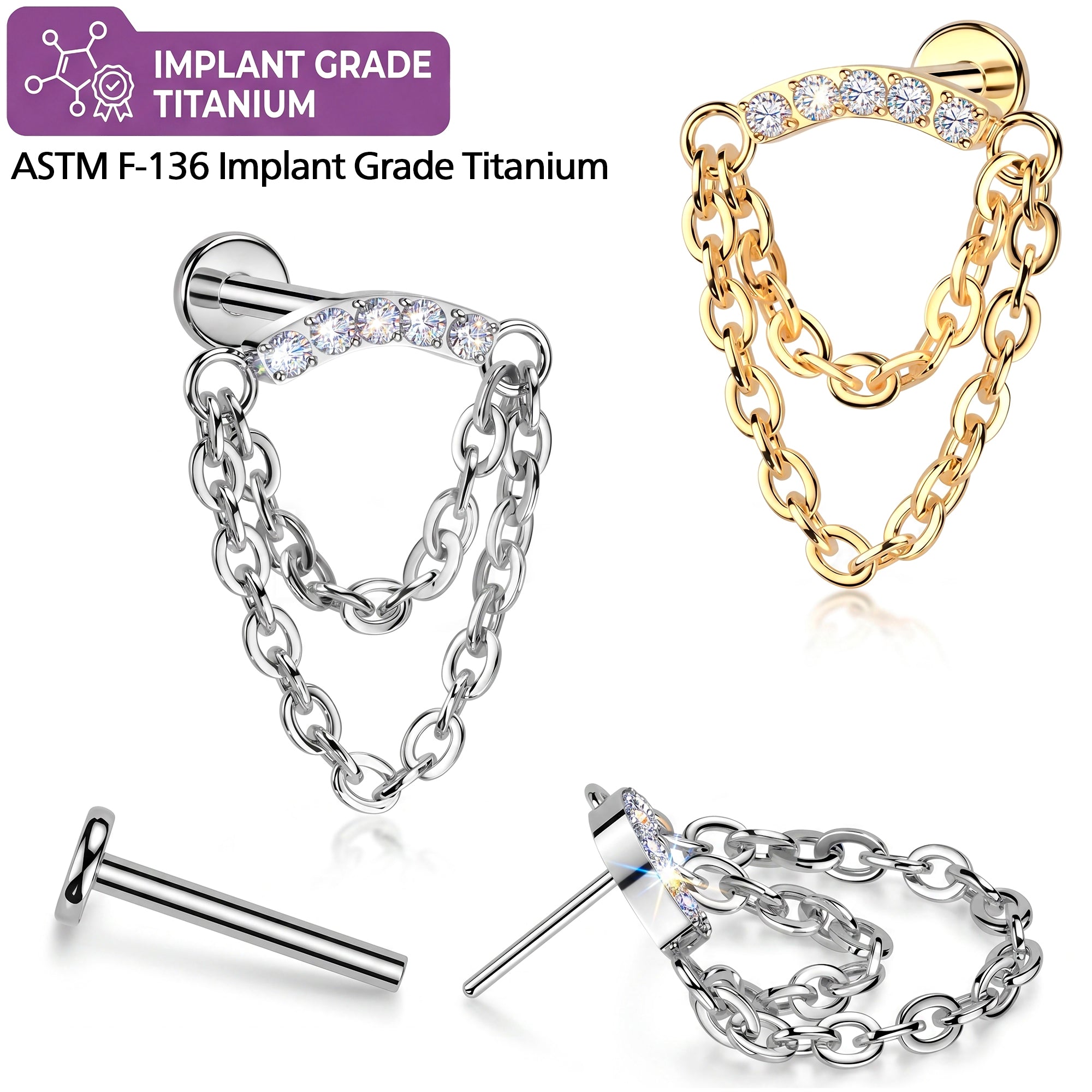CZ Glamour Chain Titanium Threadless Dangle Hidden Helix Earring