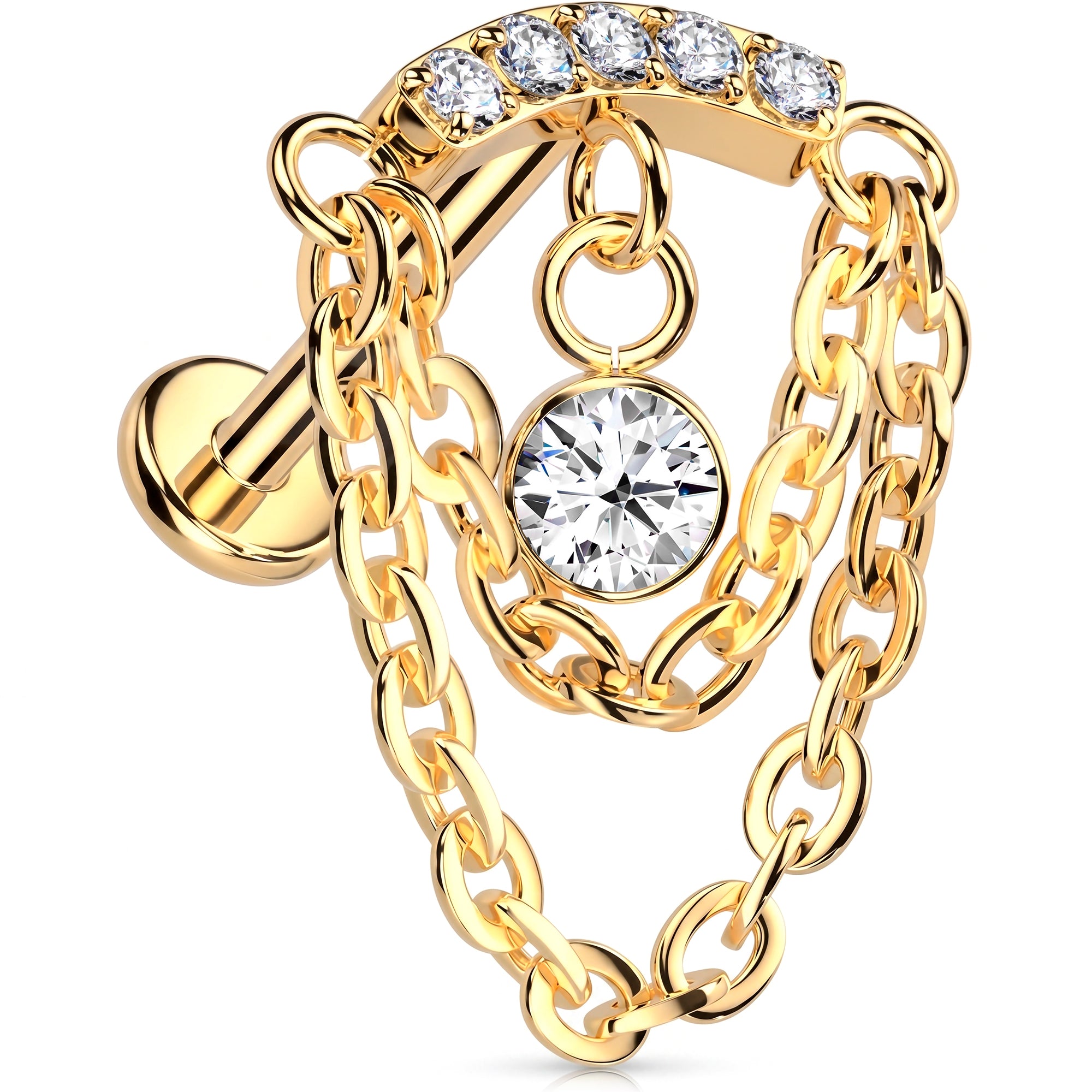 CZ Drop Link Chain Titanium Threadless Dangle Hidden Helix Earring