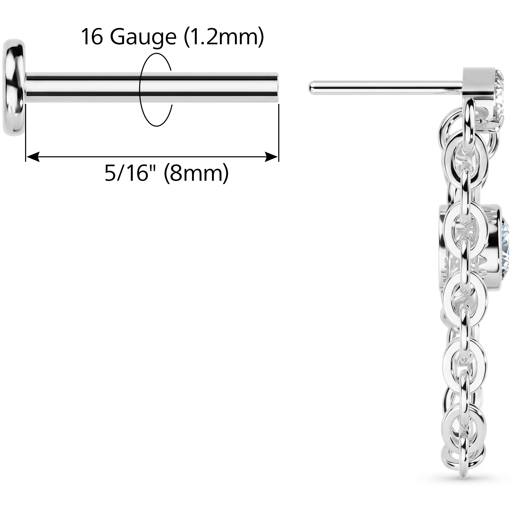 CZ Drop Link Chain Titanium Threadless Dangle Hidden Helix Earring
