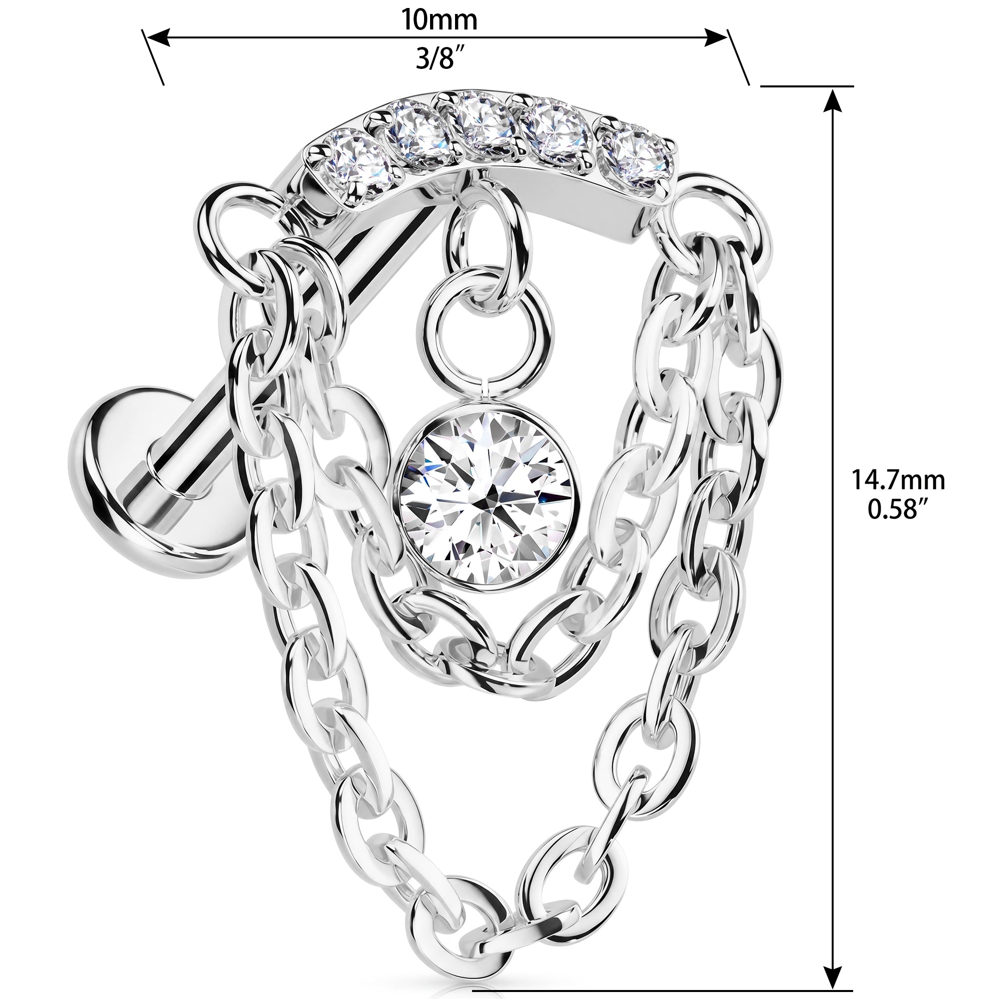 CZ Drop Link Chain Titanium Threadless Dangle Hidden Helix Earring