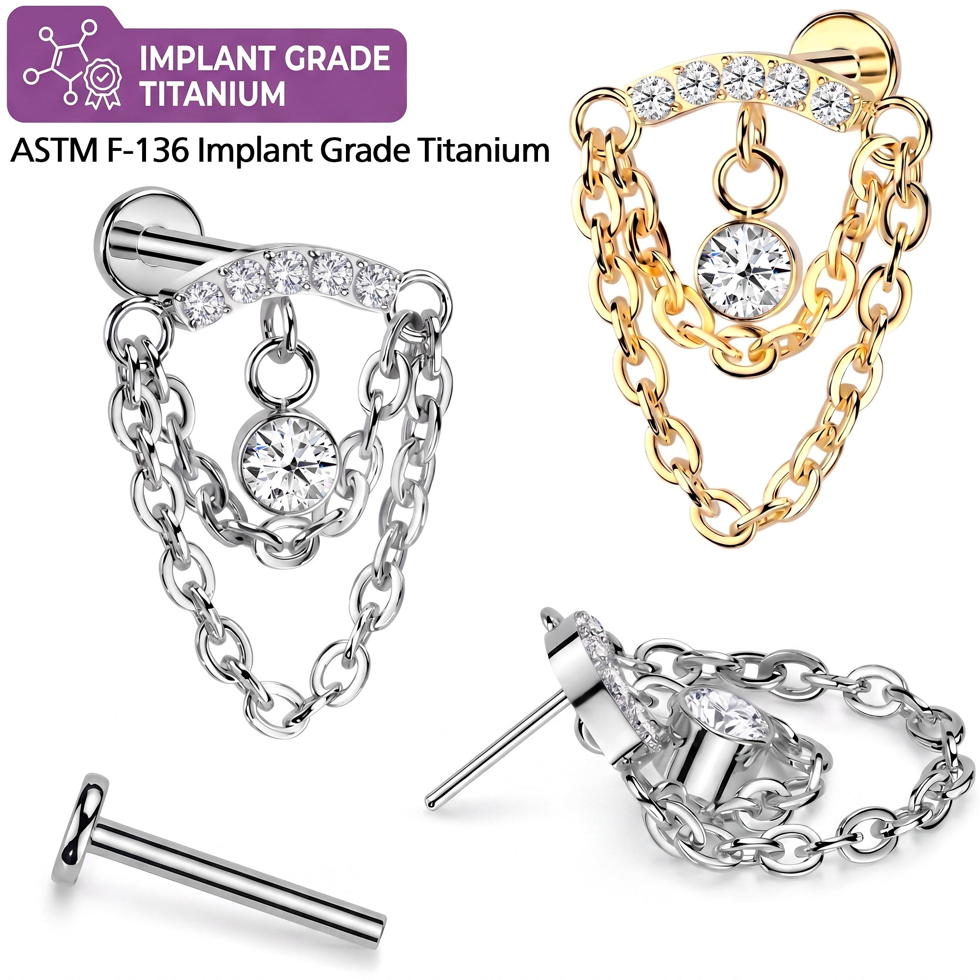 CZ Drop Link Chain Titanium Threadless Dangle Hidden Helix Earring