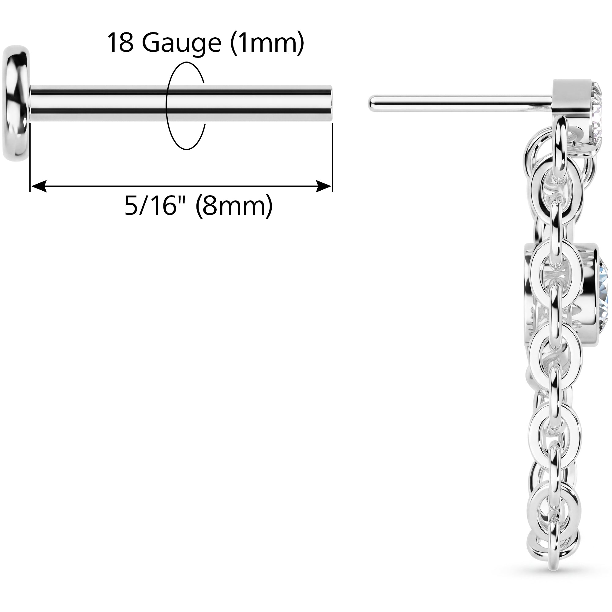 CZ Drop Link Chain Titanium Threadless Dangle Hidden Helix Earring
