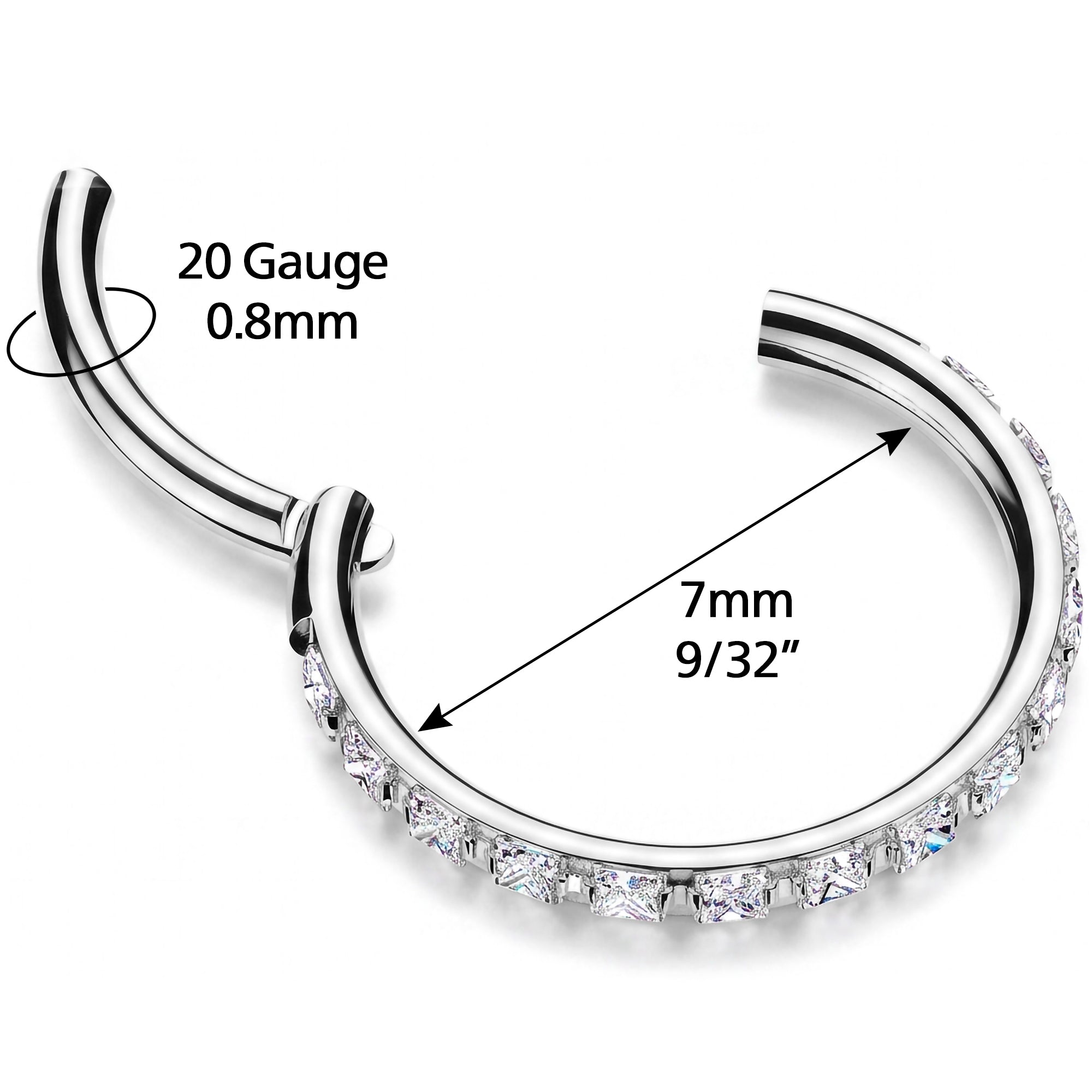 18G 20G Square Micro Gem Implant Grade Titanium Hinged Nose Hoop - CZ Nose Ring