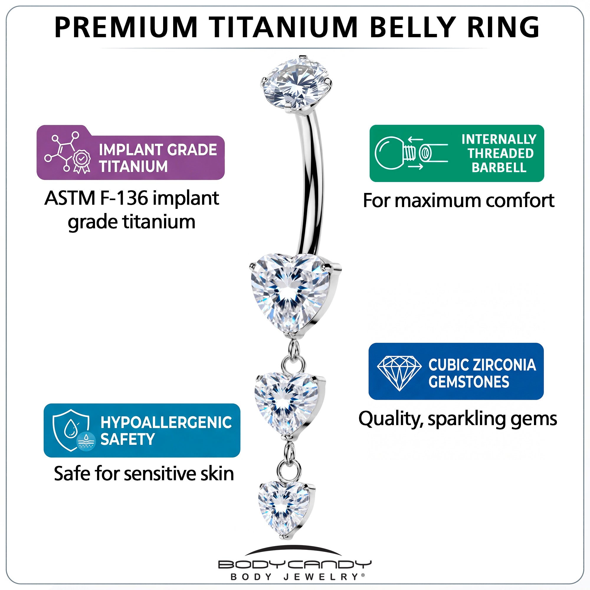 Titanium Triple Heart CZ Dangle Belly Ring – 14G Internally Threaded Navel Ring