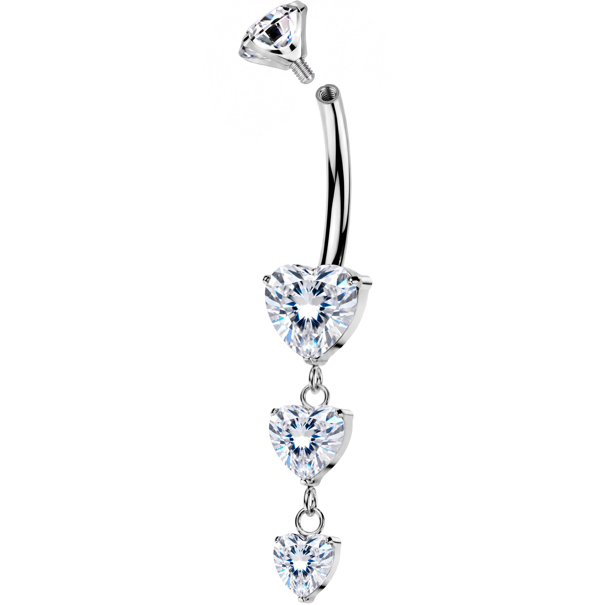 Titanium Triple Heart CZ Dangle Belly Ring – 14G Internally Threaded Navel Ring