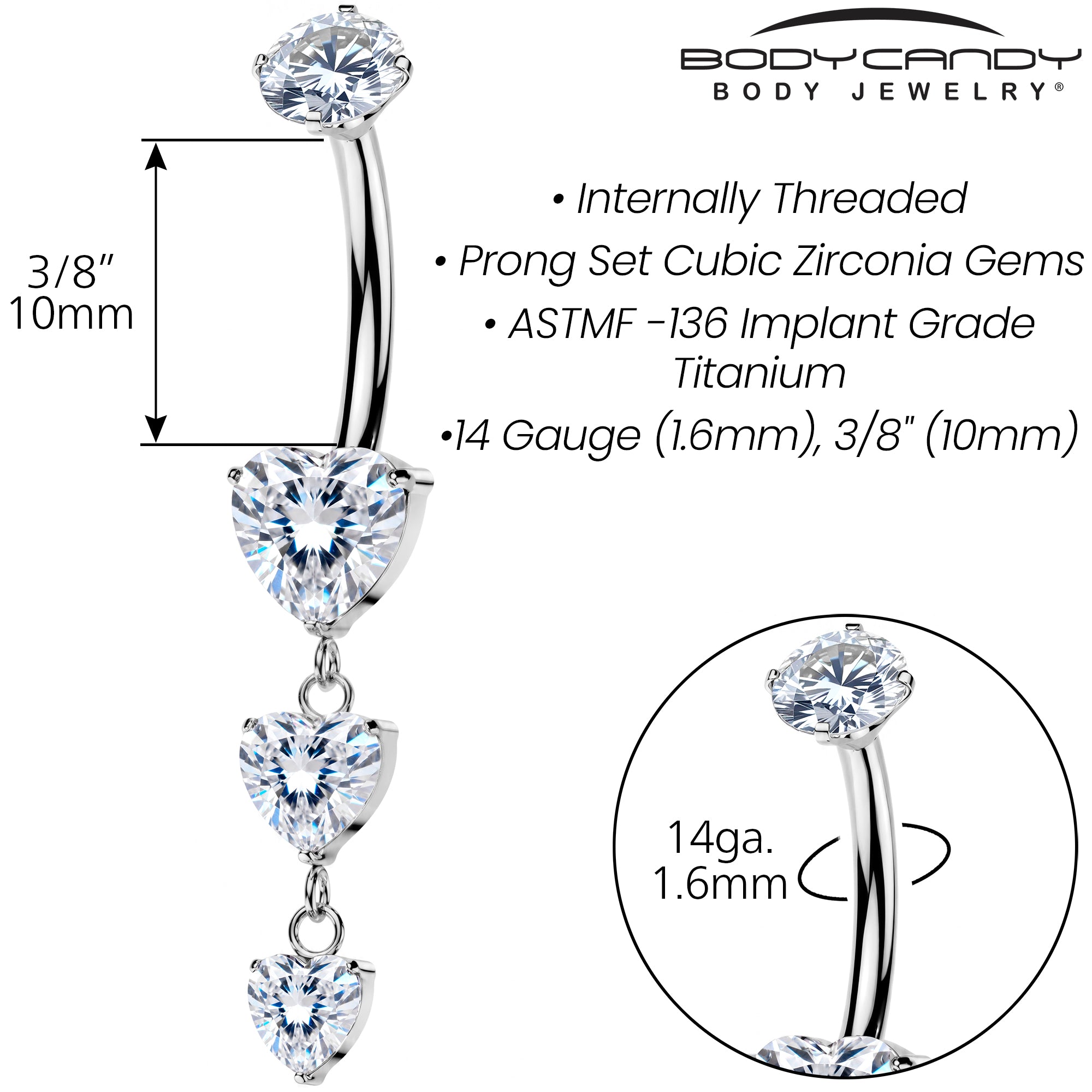 Titanium Triple Heart CZ Dangle Belly Ring – 14G Internally Threaded Navel Ring