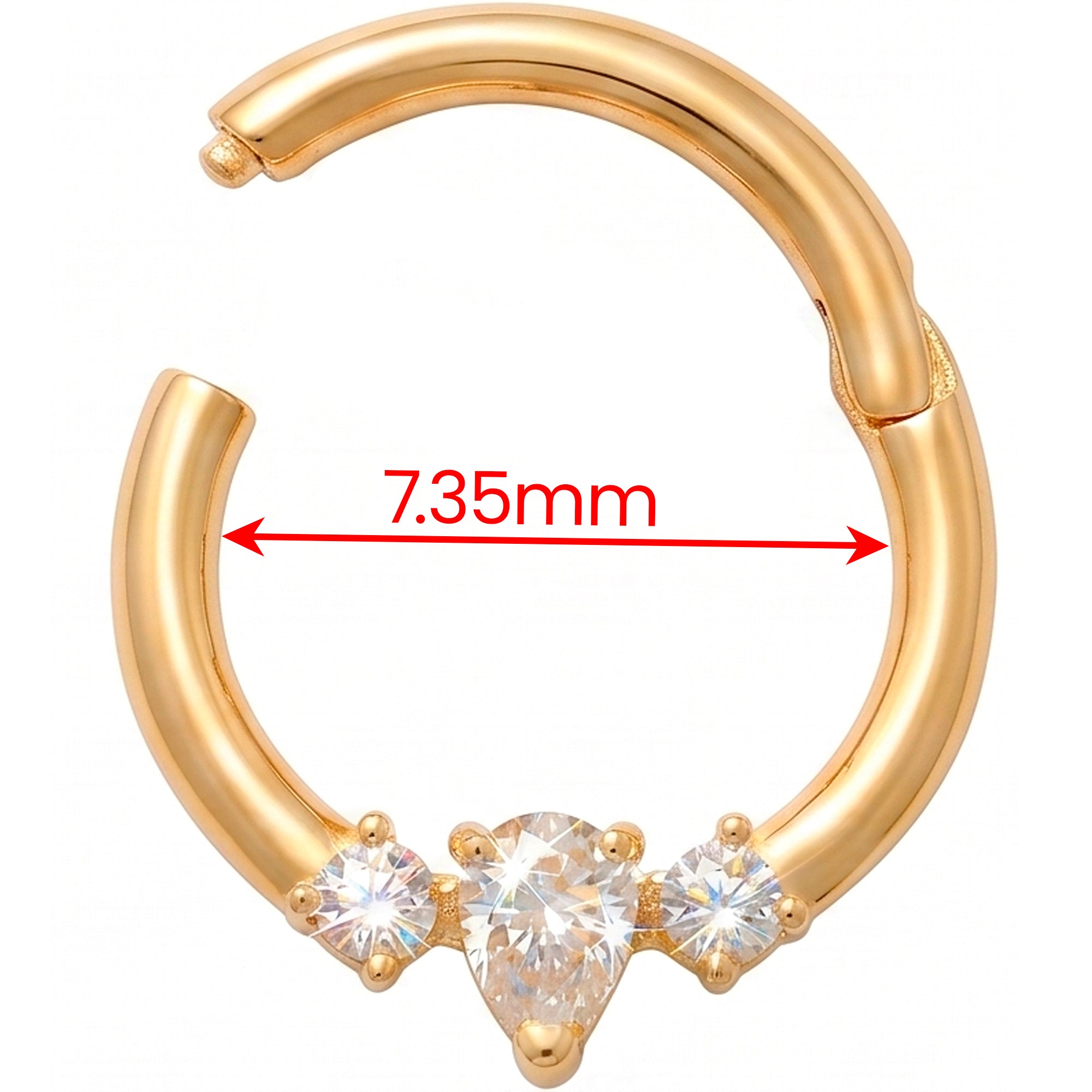 16G 5/16 Solid 14k Yellow Gold CZ Regal Teardrop Trio Hinged Segment Clicker Ring