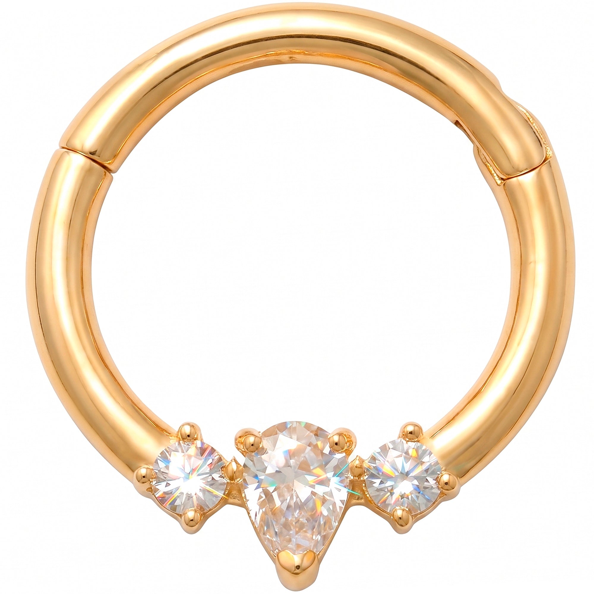 16G 5/16 Solid 14k Yellow Gold CZ Regal Teardrop Trio Hinged Segment Clicker Ring