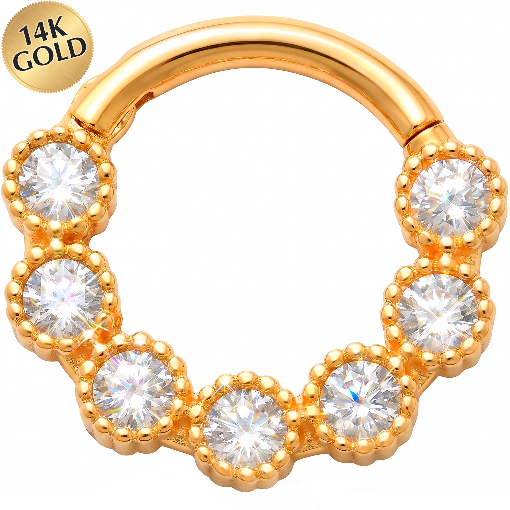 16G 5/16 Solid 14k Yellow Gold CZ Royal Radiance Hinged Segment Clicker Septum Clicker Ring