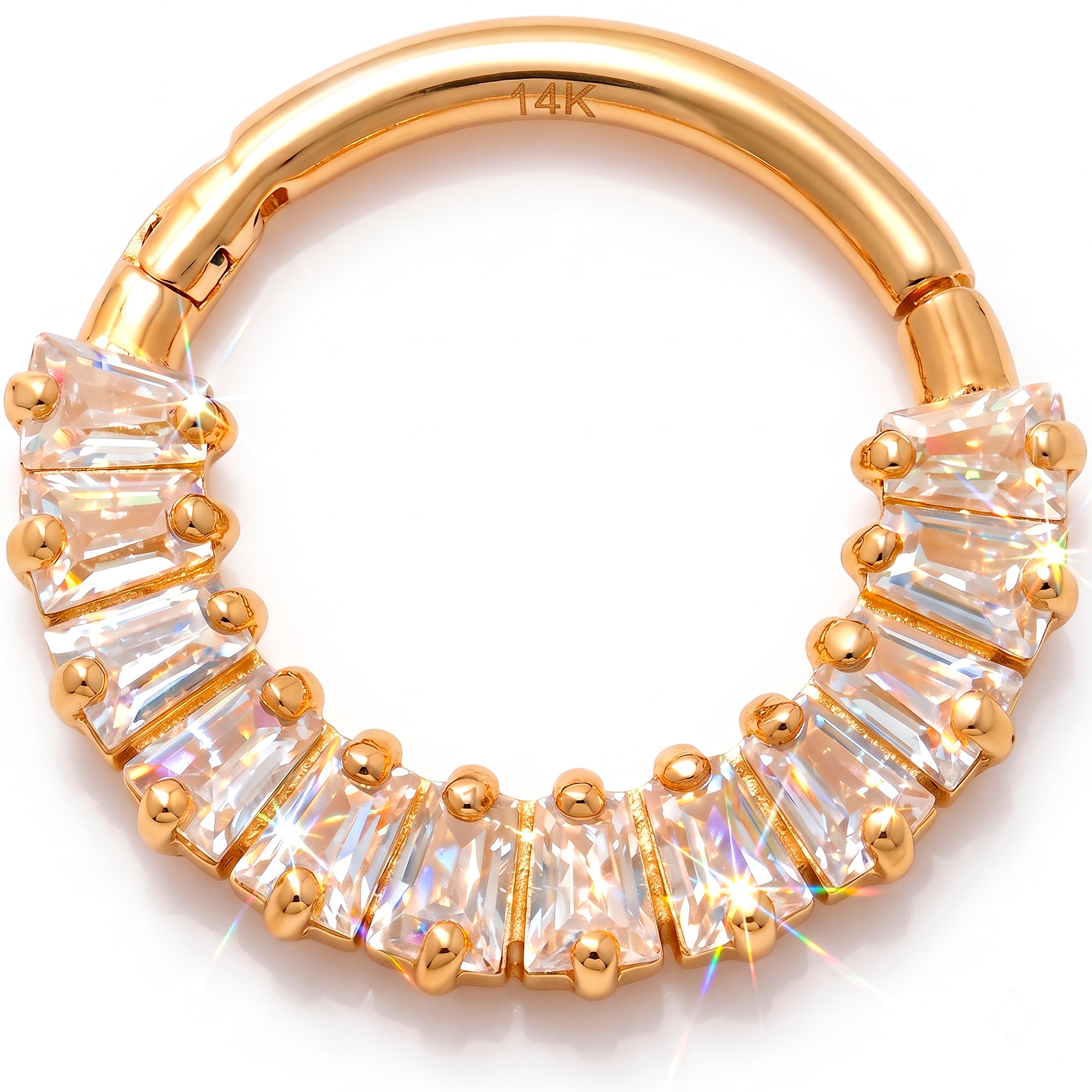 18G 5/16 Solid 14k Yellow Gold CZ Baguette Radiance Hinged Segment Clicker Ring