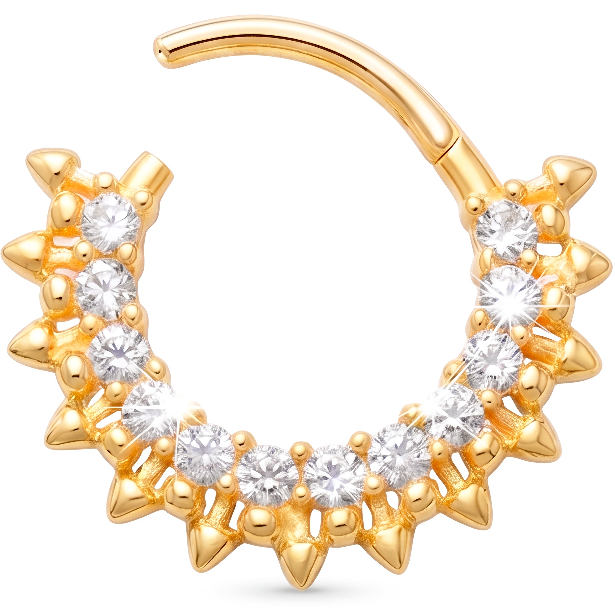 18G 5/16 Solid 14k Yellow Gold CZ Spiked Radiance Hinged Segment Clicker Ring