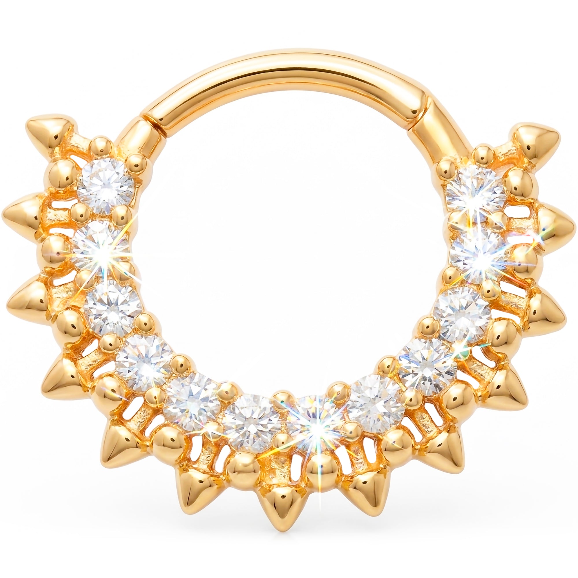 18G 5/16 Solid 14k Yellow Gold CZ Spiked Radiance Hinged Segment Clicker Ring