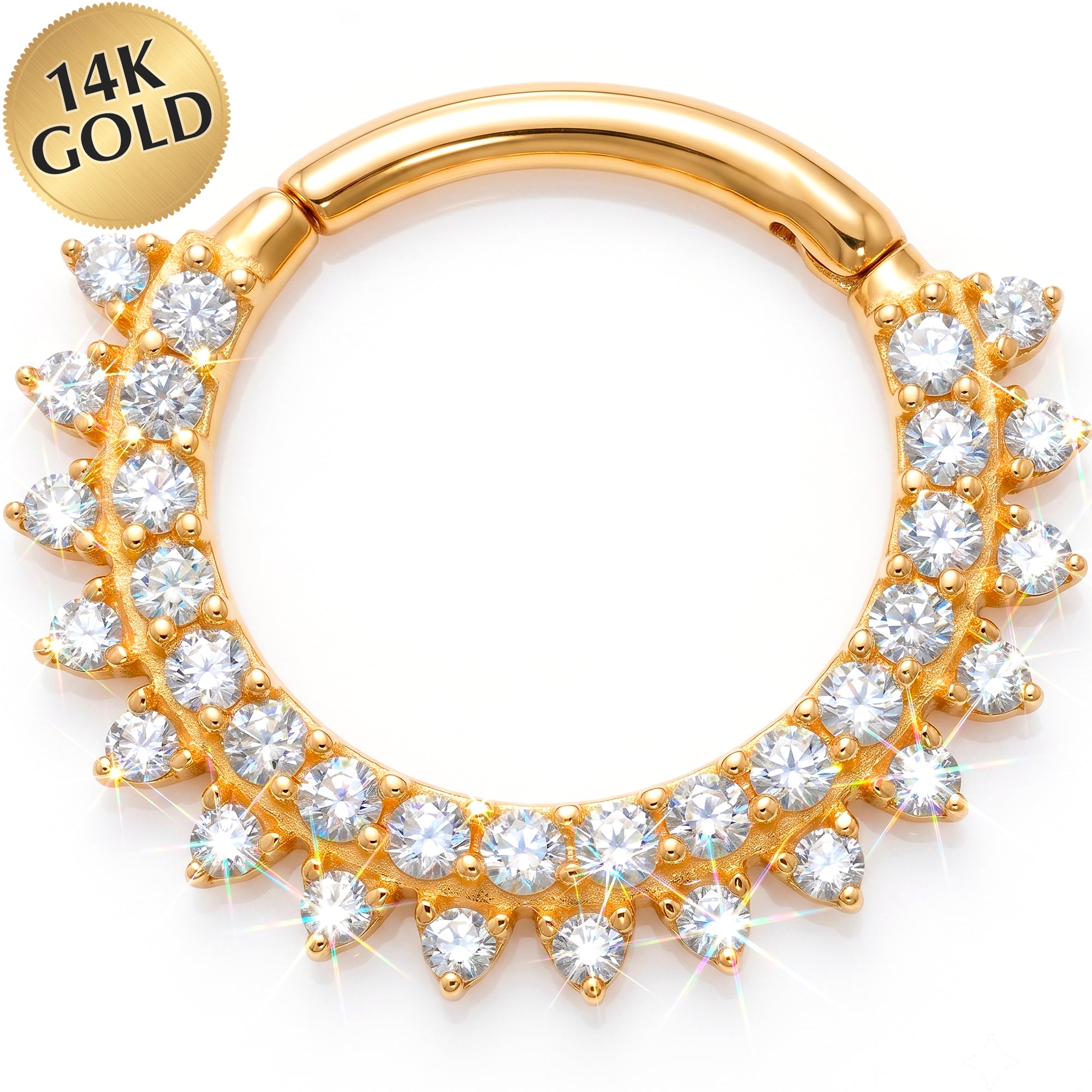 18G 9mm Solid 14k Yellow Gold CZ Diamondburst Halo Hinged Segment Clicker Ring
